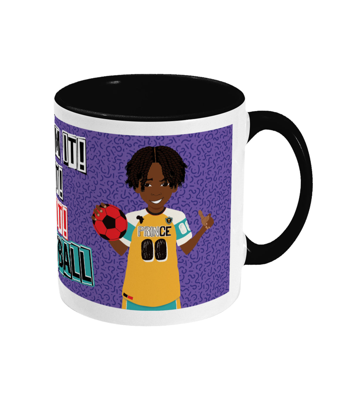 Kyrese footballer ceramic mug featuring footballer character artwork, illustrated by Fefus Designs.