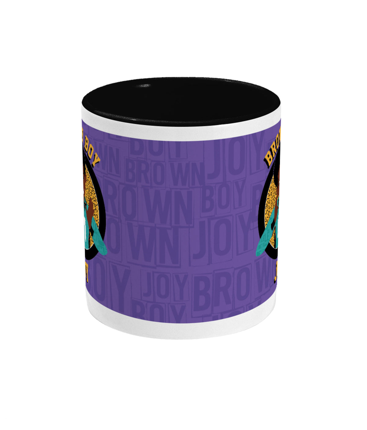Additional view of the ceramic mug with Jamal character artwork celebrating Brown Boy Joy, by Fefus Designs.