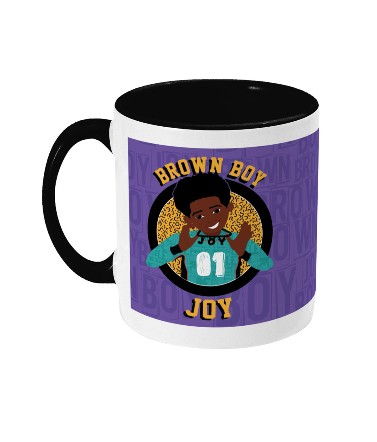Alternative product image of the ceramic mug featuring Jamal character artwork celebrating Brown Boy Joy, by Fefus Designs.