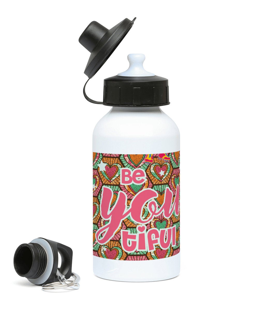 Additional view of the 500ml aluminium water bottle with Deja character artwork from the Fashionista Ankara range, by Fefus Designs.