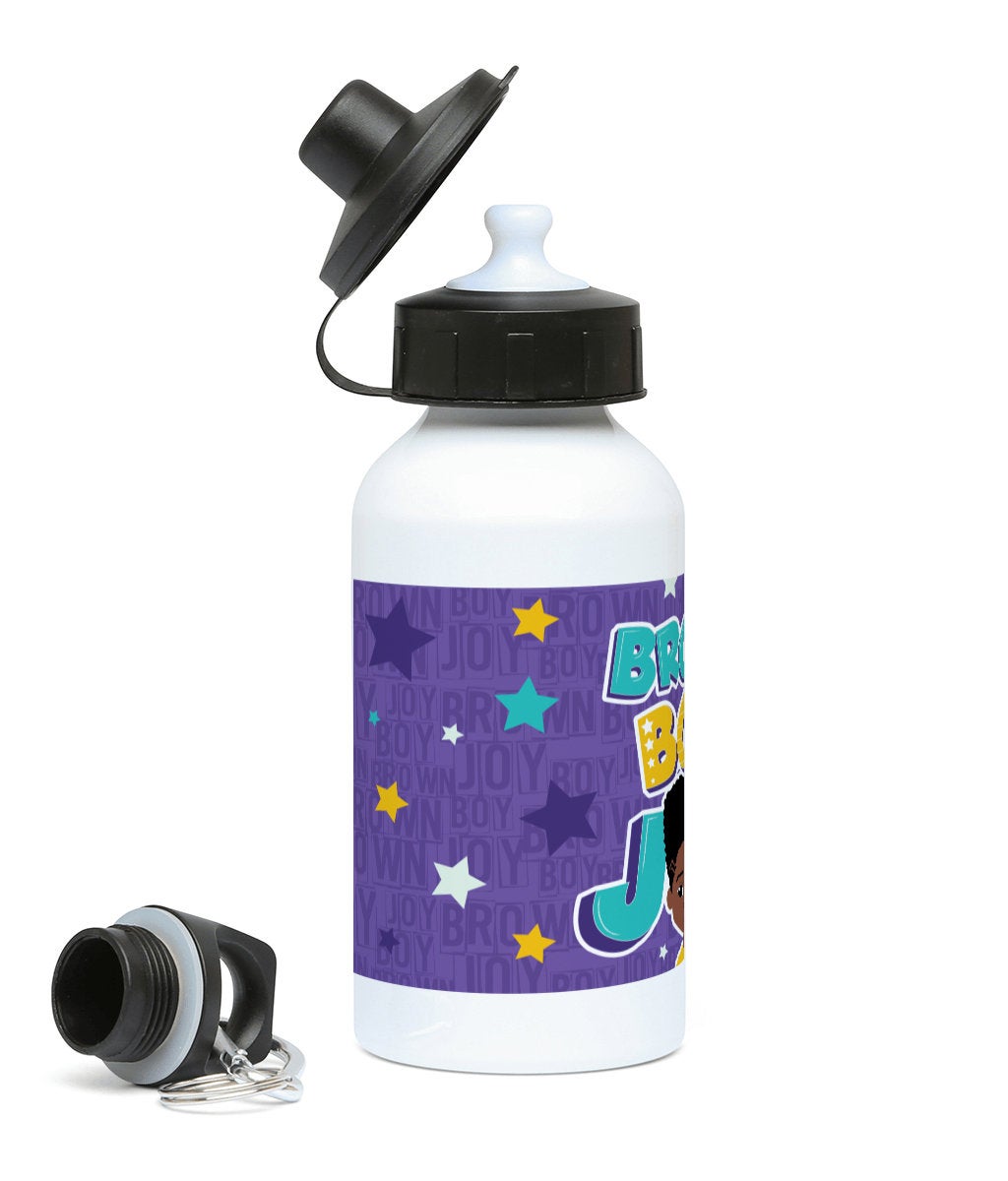 Alternative product image of the aluminium water bottle featuring Ekon character artwork celebrating Black Boy Joy, by Fefus Designs.