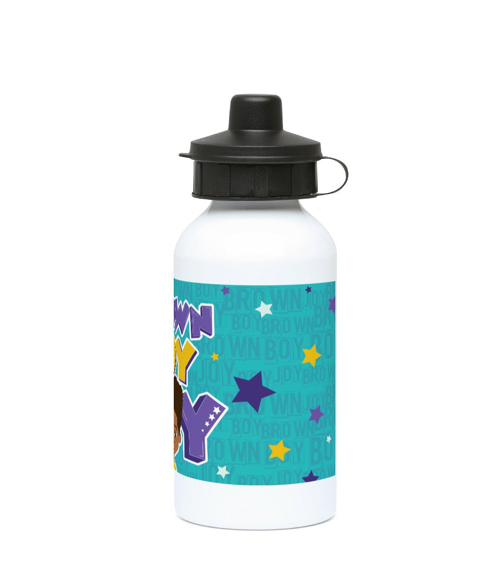 Additional view of the aluminium water bottle with Talib character artwork celebrating Brown Boy Joy, by Fefus Designs.