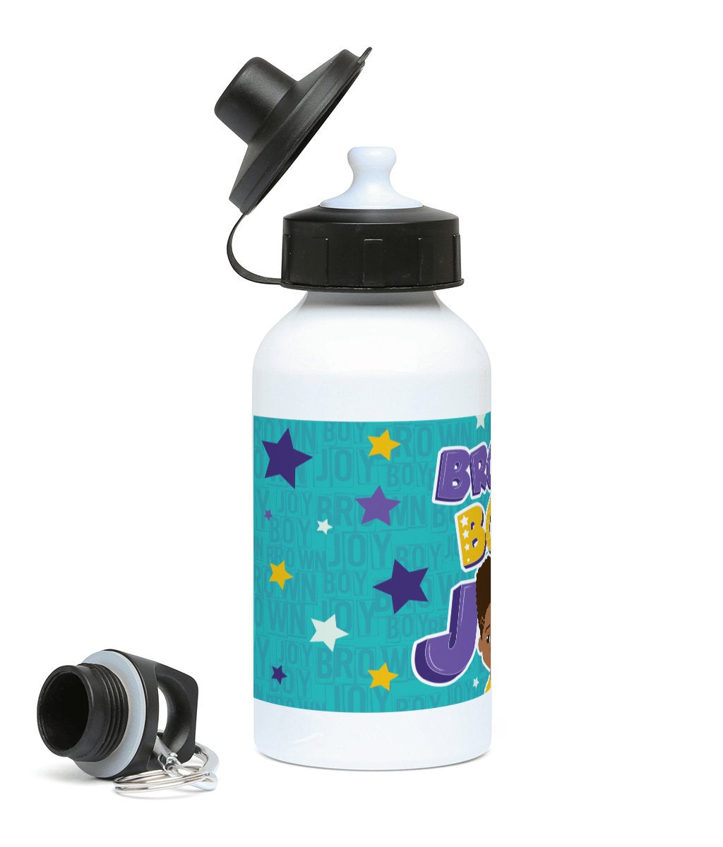 Alternative product image of the aluminium water bottle featuring Talib character artwork celebrating Brown Boy Joy, by Fefus Designs.