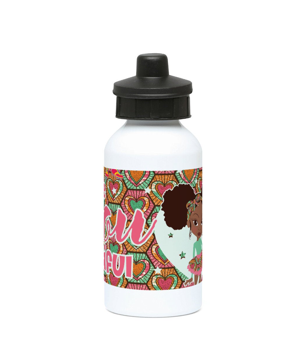 Another product view of the Deja Fashionista Ankara aluminium water bottle, showing the Deja character artwork from the Fashionista Ankara range.