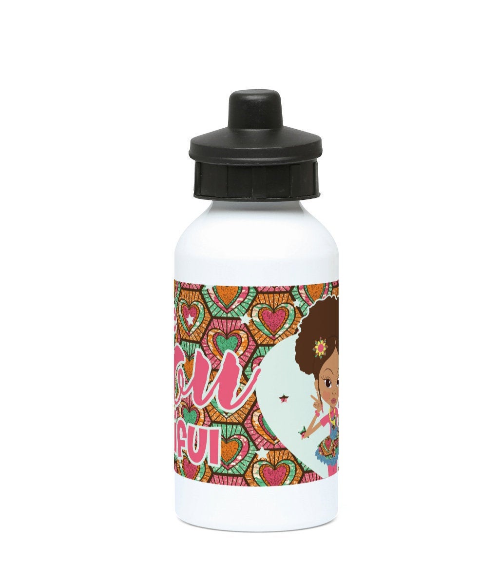 Another product view of the Yasmin Fashionista Ankara aluminium water bottle, showing the Yasmin character artwork from the Fashionista Ankara range.