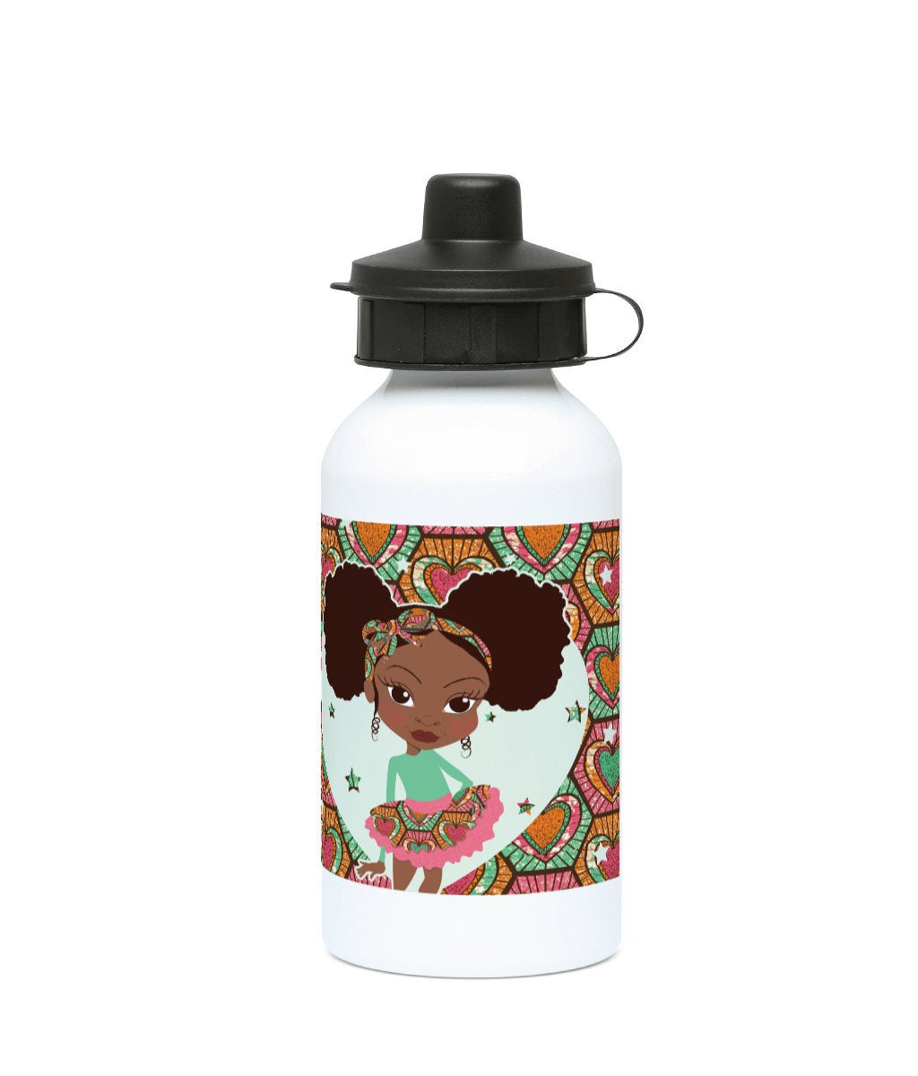 Alternative product image of the 500ml aluminium water bottle featuring Deja character artwork from the Fashionista Ankara range, by Fefus Designs.