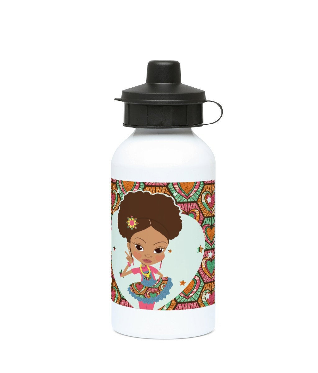 Alternative product image of the 500ml aluminium water bottle featuring Yasmin character artwork from the Fashionista Ankara range, by Fefus Designs.