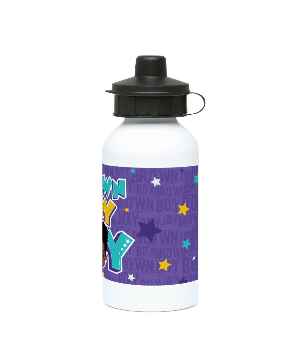 Additional view of the aluminium water bottle with Ekon character artwork celebrating Black Boy Joy, by Fefus Designs.