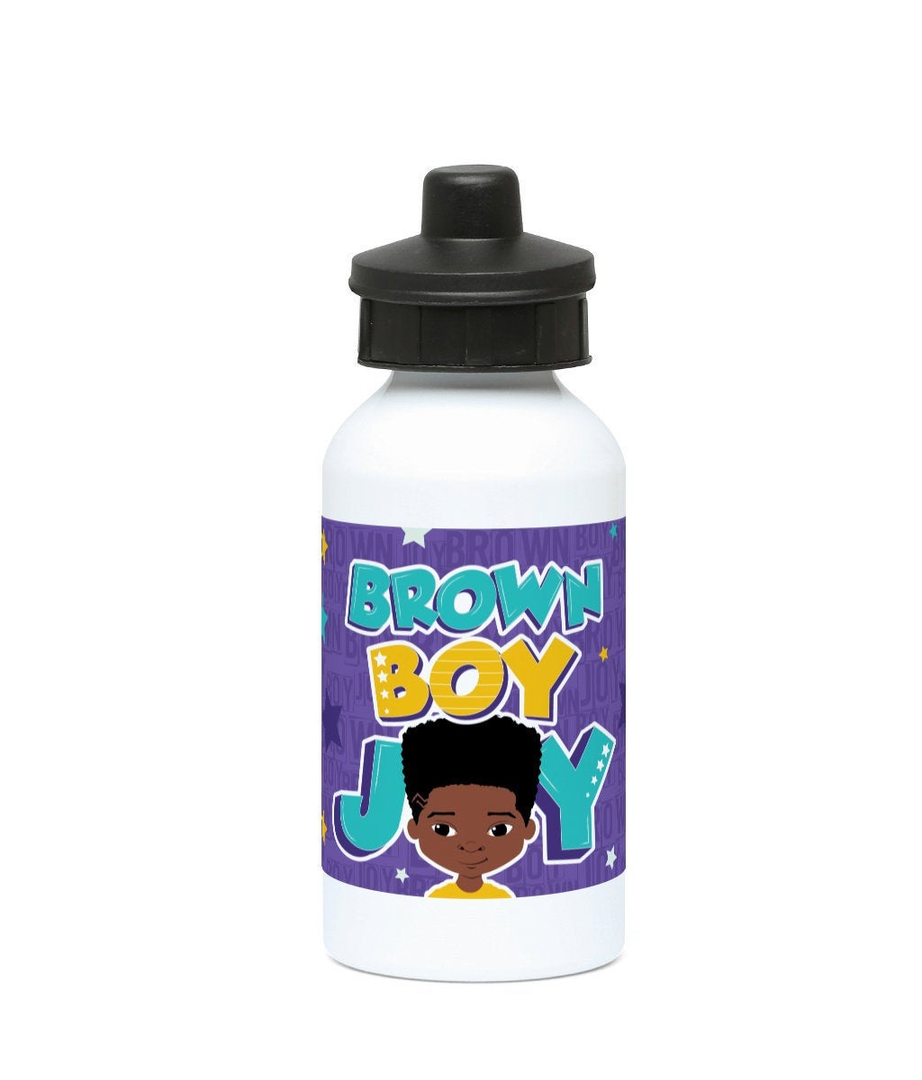 Ekon Black Boy Joy 500ml aluminium water bottle featuring Ekon character artwork celebrating Black Boy Joy, illustrated by Fefus Designs.
