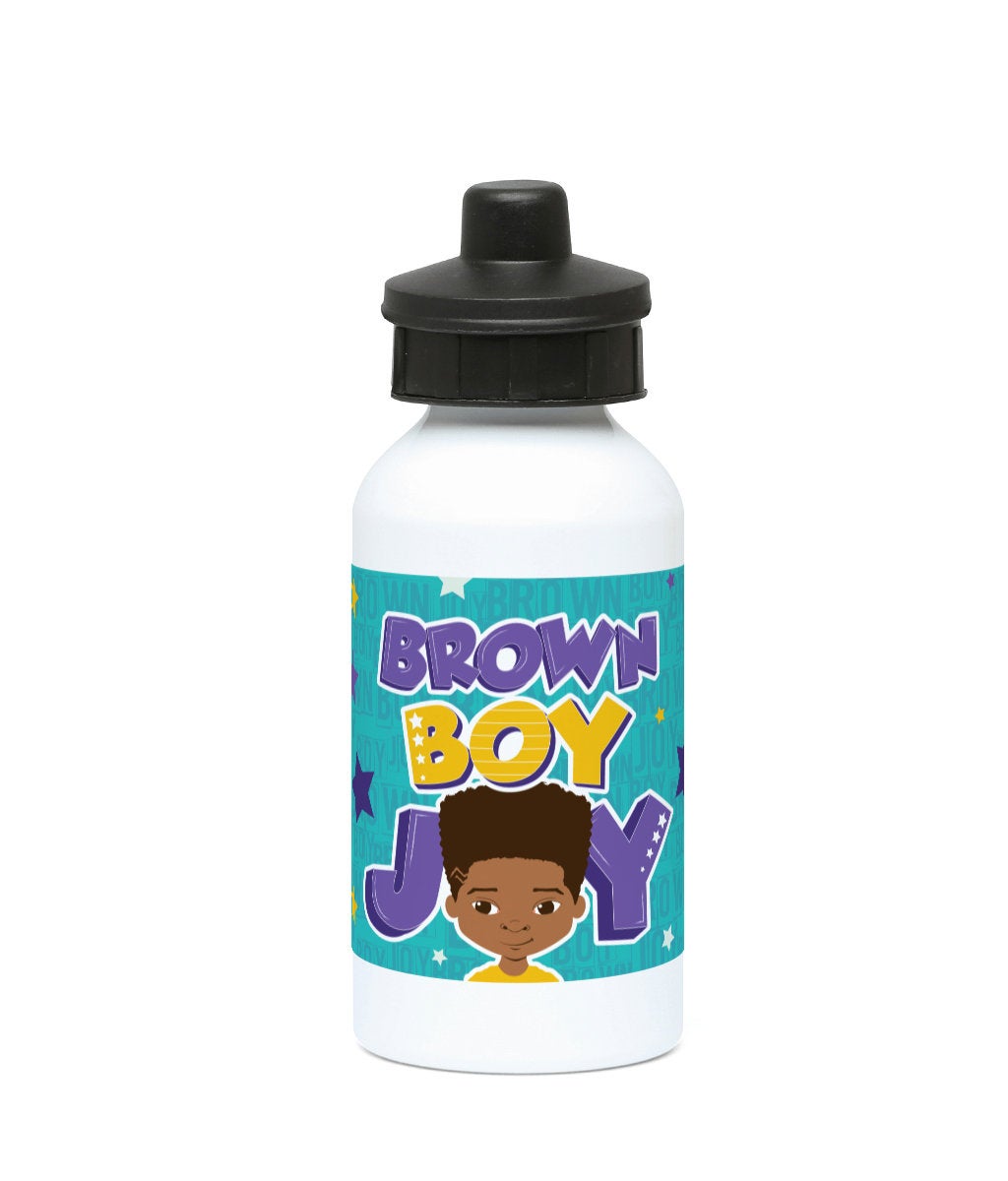 Talib Brown Boy Joy 500ml aluminium water bottle featuring Talib character artwork celebrating Brown Boy Joy, illustrated by Fefus Designs.