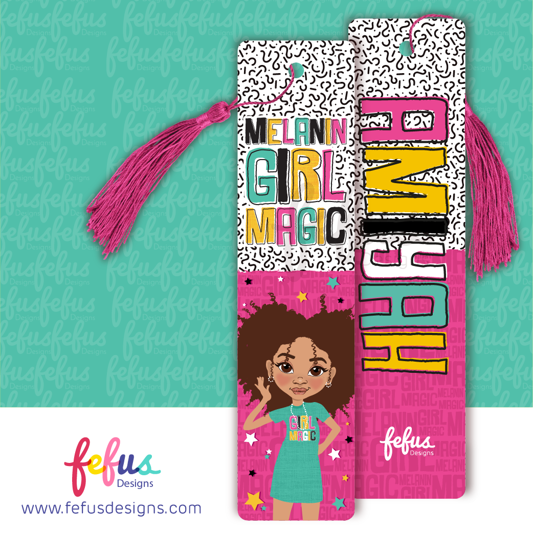 Personalised girls bookmark featuring colourful Black and brown girl characters with natural hairstyles, a diverse reading gift for children.