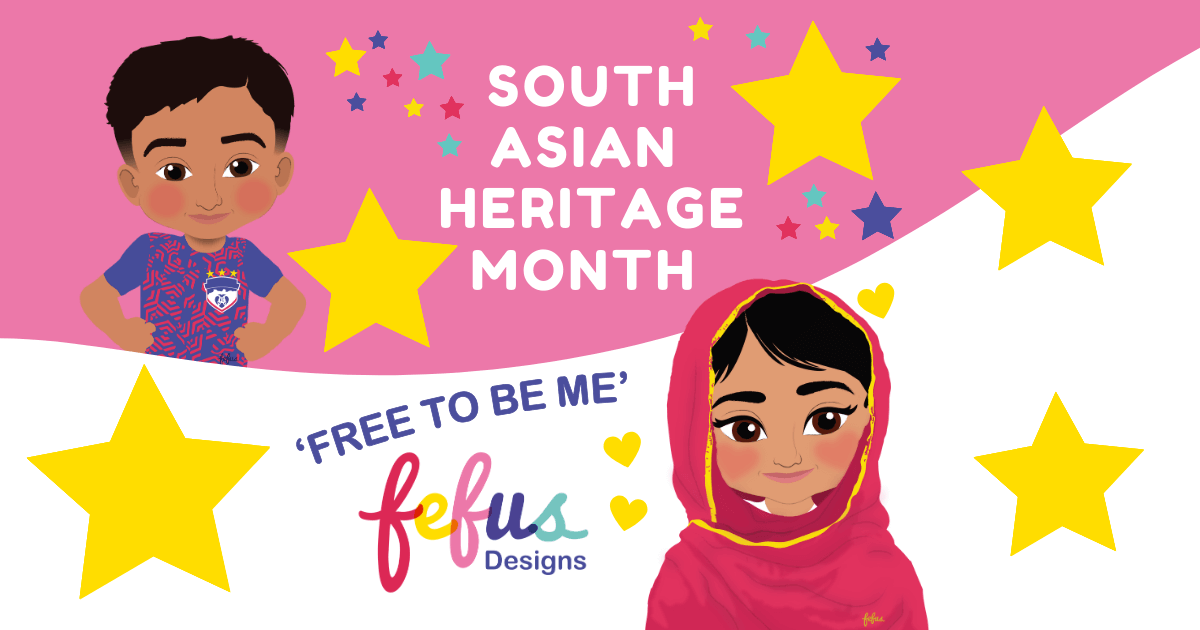 illustrated Graphic featuring Satya Nadella and Anish Kapoor for South Asian Heritage Month educational resources.