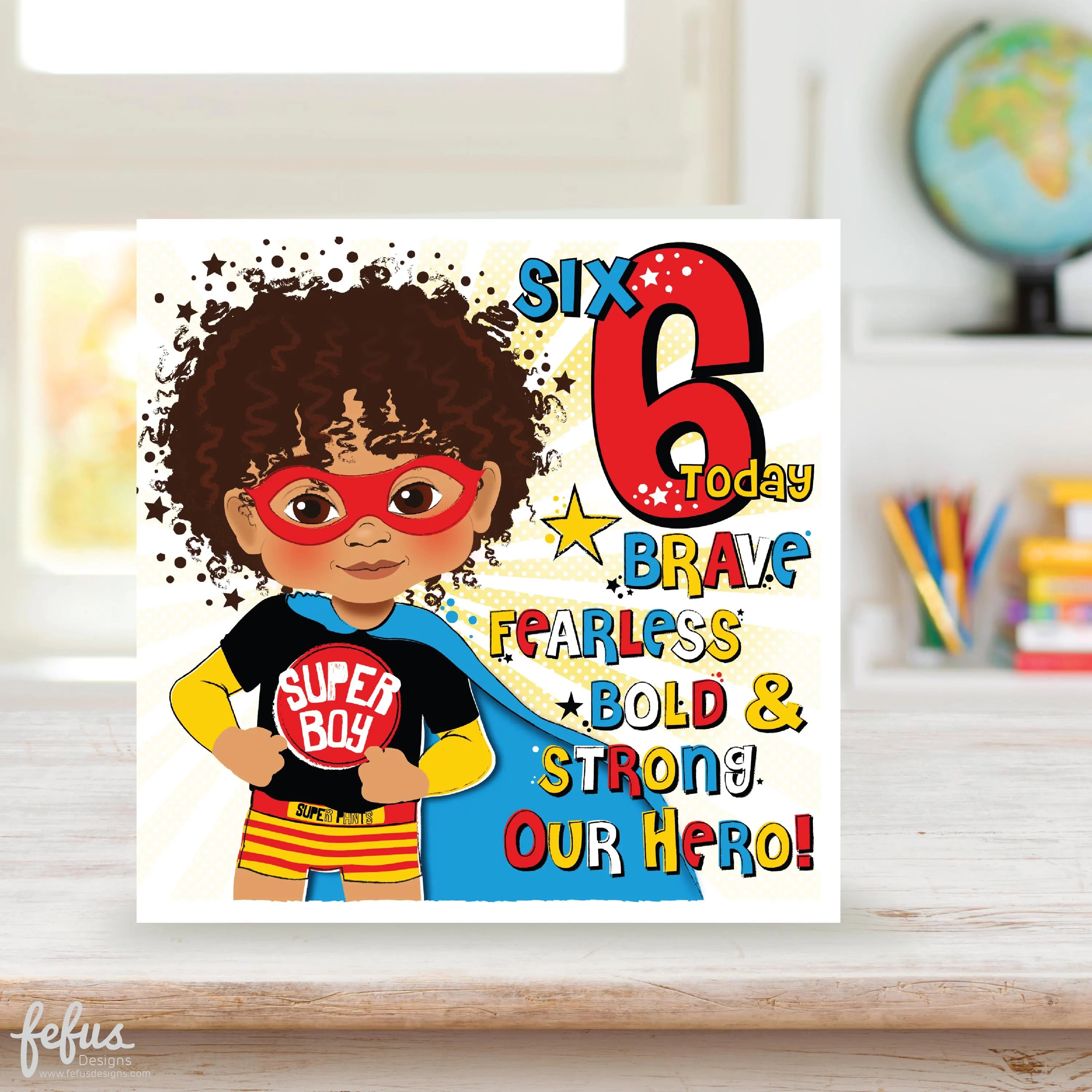 A vibrant square 6th birthday greeting card featuring a hand-drawn illustration of a joyful mixed-race boy dressed as a superhero with a cape, with the text "6 Today!" on a colourful background.