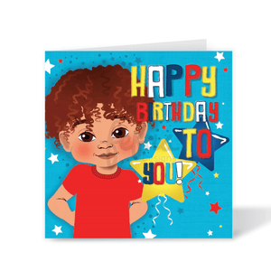 A square birthday card featuring a cartoon illustration of a mixed race character, Dylan with curly brown hair, a red shirt, and the text 'HAPPY BIRTHDAY TO YOU!' on a bright blue starry background.
