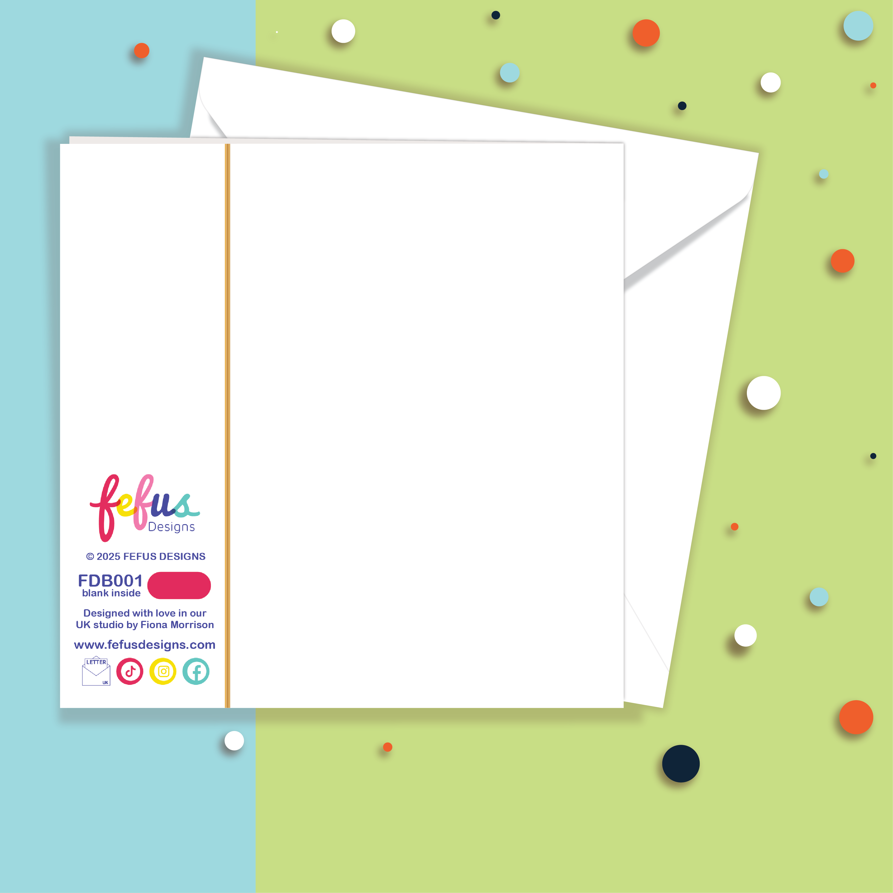 Back view of new baby greetings card. White card with colourful confetti on a green and blue background by Fefus Designs.