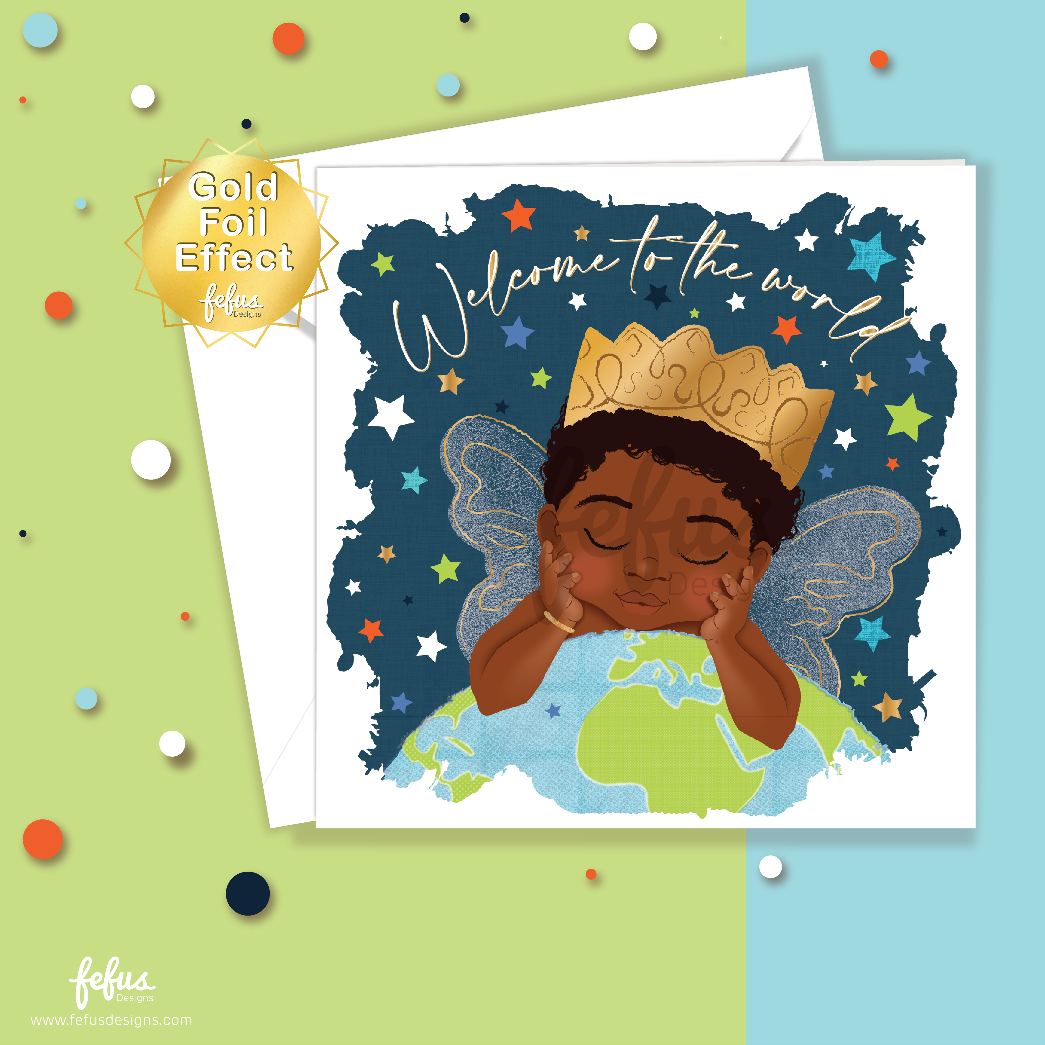 Welcome to the world greeting card with a fairy-themed design of a baby with wings and a crown, set against a colourful background by Fefus Designs.