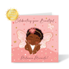 New baby greeting card with illustration of a black baby girl with butterfly wings and 'Celebrating your Beautiful Melanin Miracle' text on a pink background.