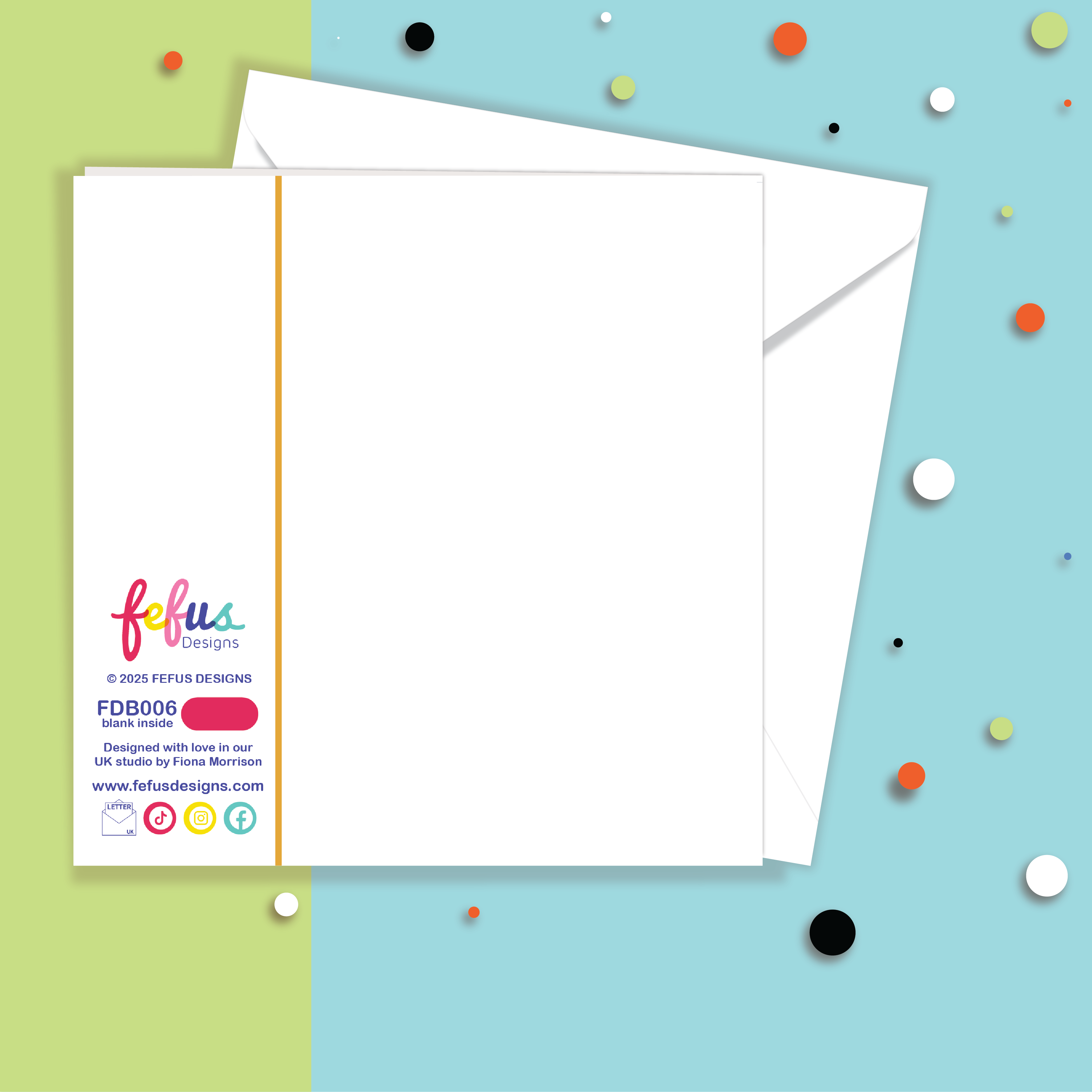 Back view of newborn baby greeting card  FDB006 with colourful Fefus Designs branding on a white background