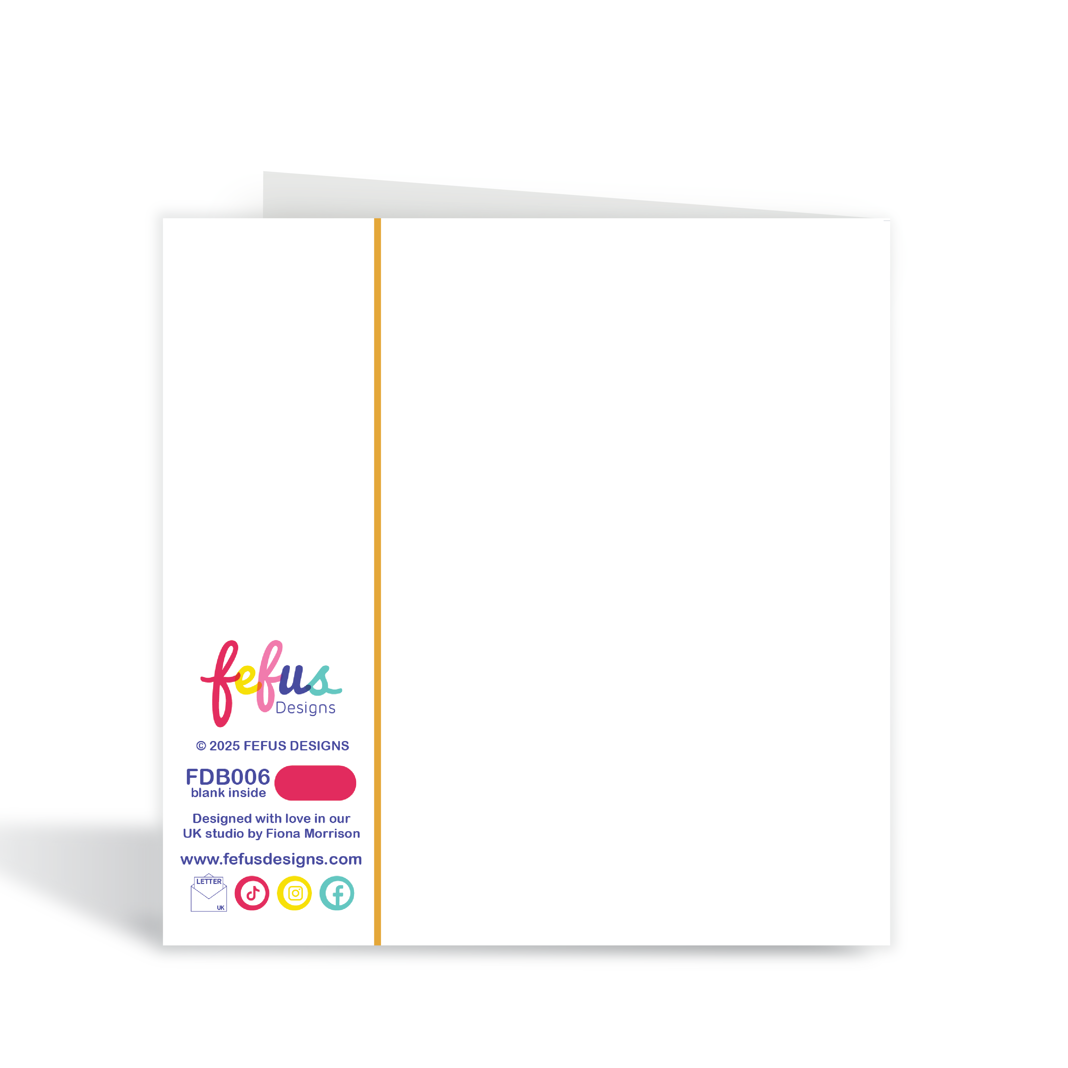 Back view of newborn baby greeting card  with colourful Fefus Designs branding on a white background