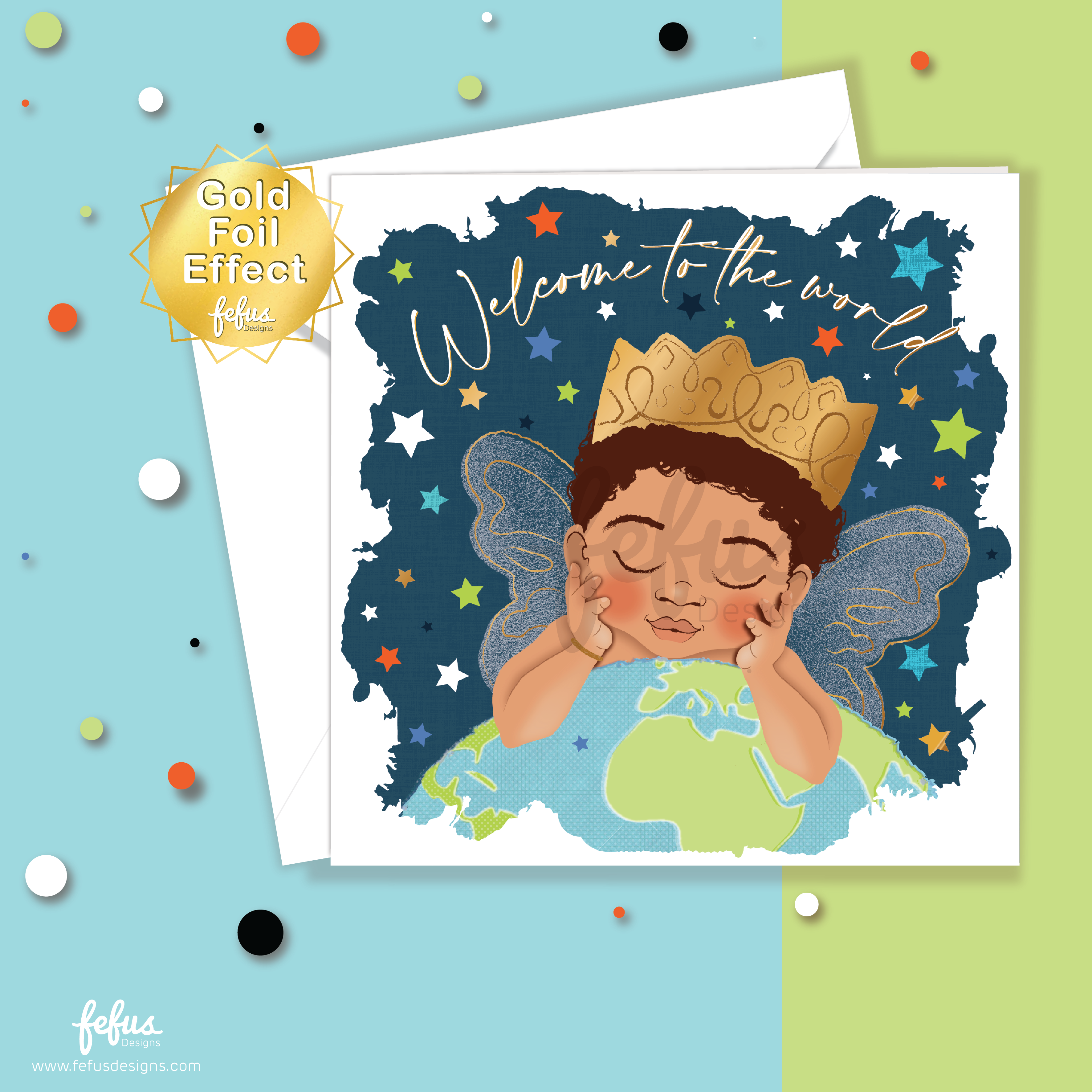Newborn baby card with brown baby boy with fairy wings and gold foil effect on a colourful background by Fefus Designs