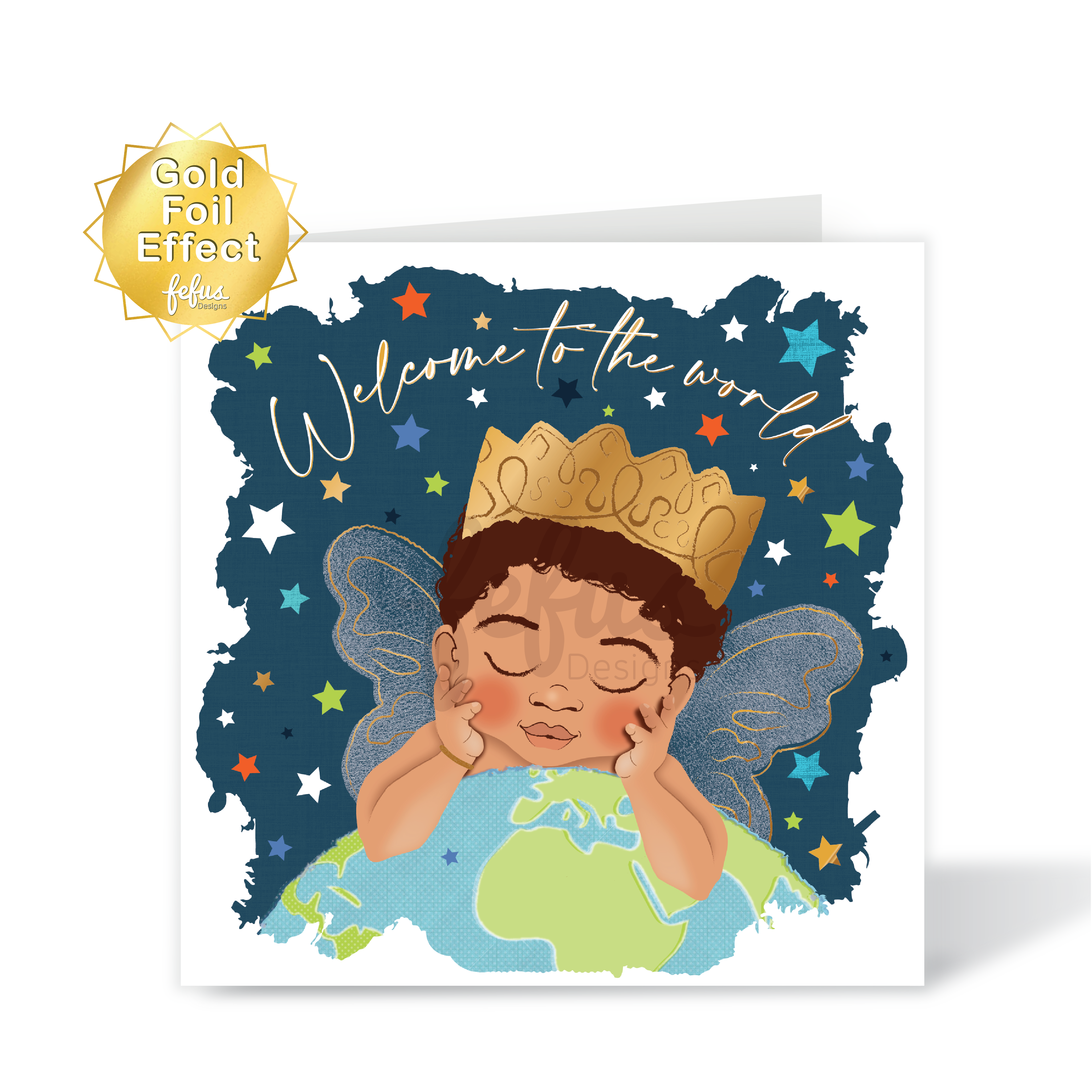 New baby boy greeting card with a child wearing a crown and fairy wings, surrounded by stars and 'Welcome to the world' text.