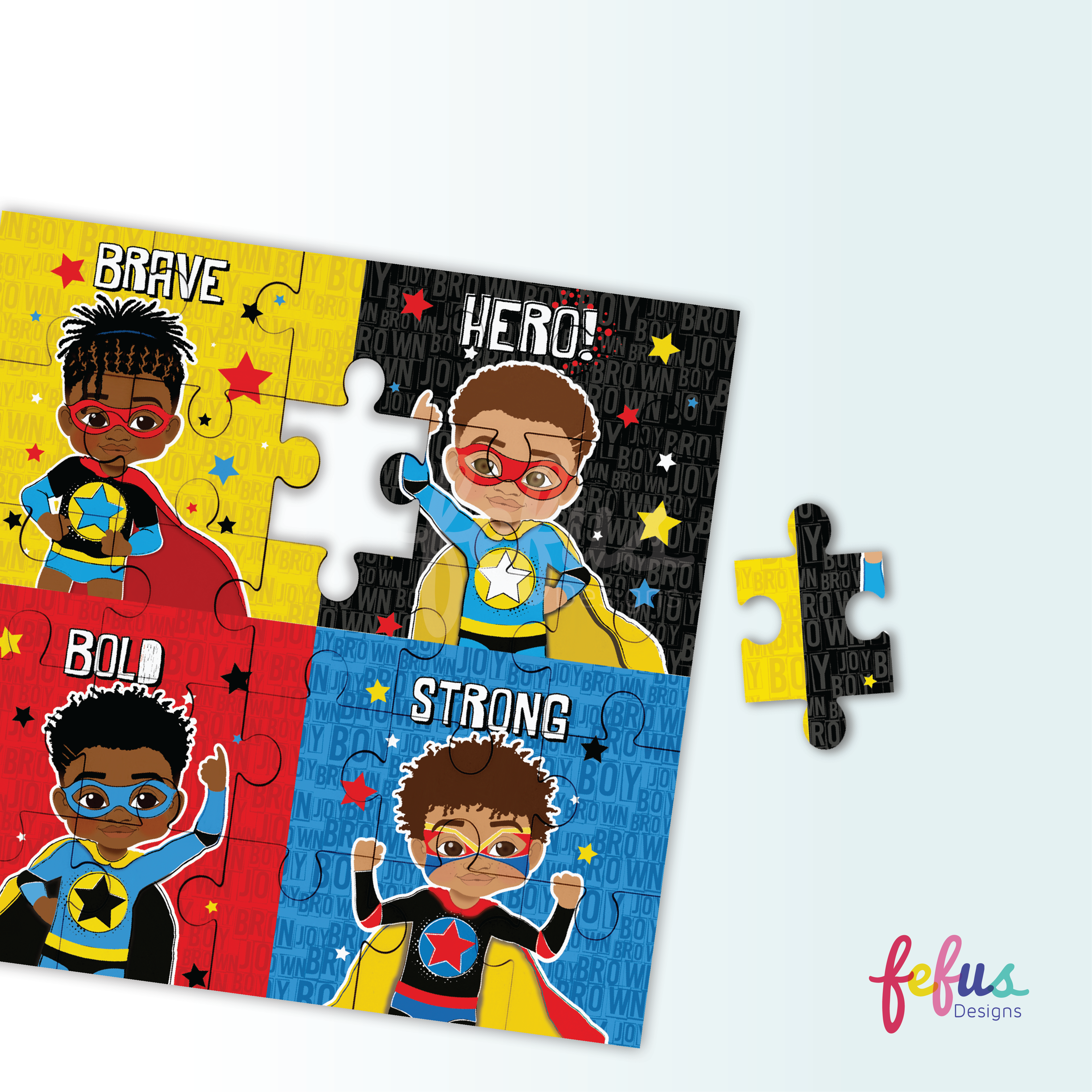 Melanin Boy Magic Puzzle - Black Superhero Jigsaw Square Puzzle for Kids - Premium 25pcs Wooden Puzzle by Fefus Designs