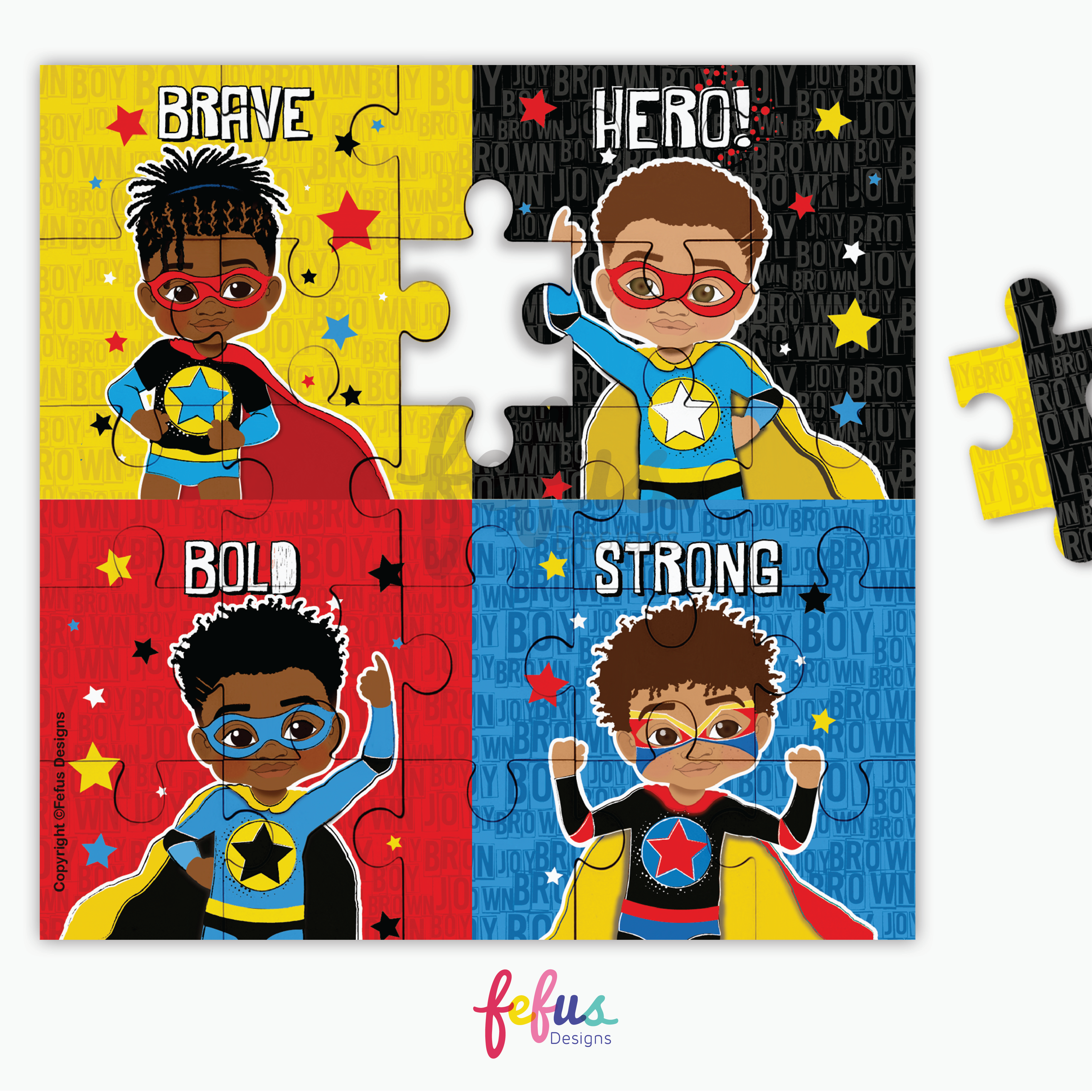 Melanin Boy Magic Puzzle - Black Superhero Jigsaw Square Puzzle for Kids - Premium 25pcs Wooden Puzzle by Fefus Designs