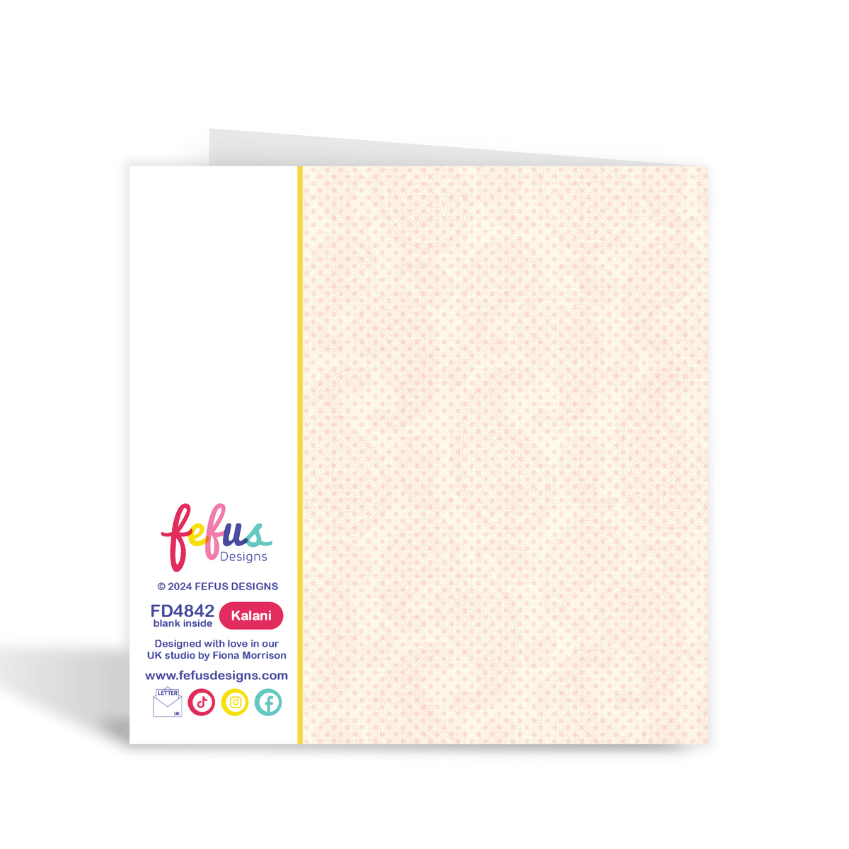 back view of a beautiful square birthday card featuring a hand-drawn illustration of a confident, smiling South Asian (Desi) girl, designed to build self-esteem as part of the Heritage Hero Collection by Fefus Designs.