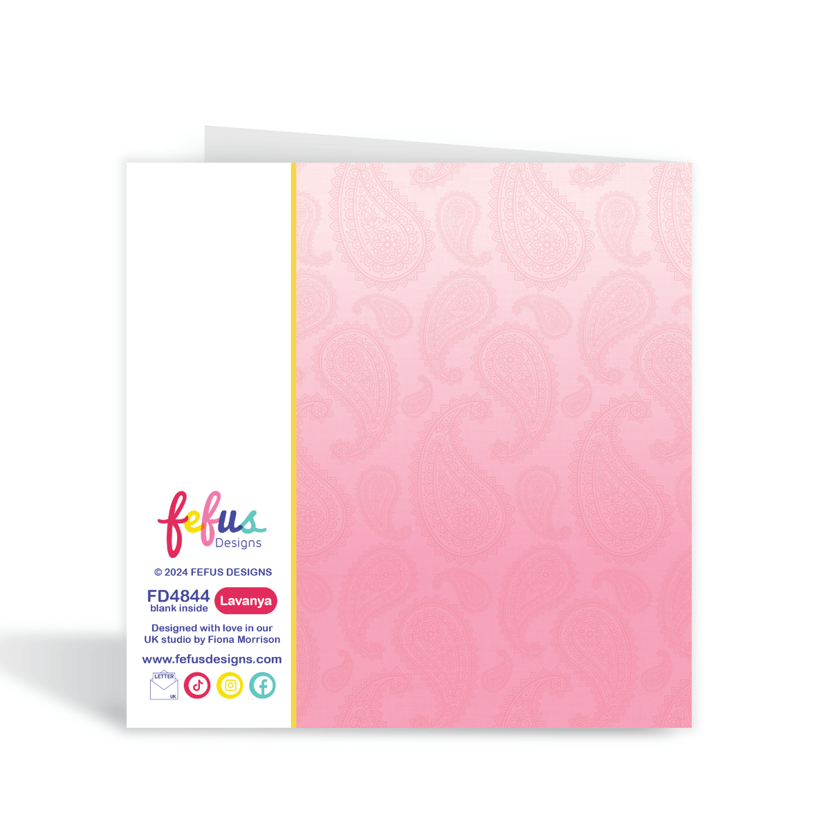 back view of a vibrant square birthday card featuring a hand-drawn illustration of a joyful South Asian girl with stars in the background and the text "To A Beautiful Strong Smart Desi Girl," part of the Heritage Hero Collection by Fefus Designs.