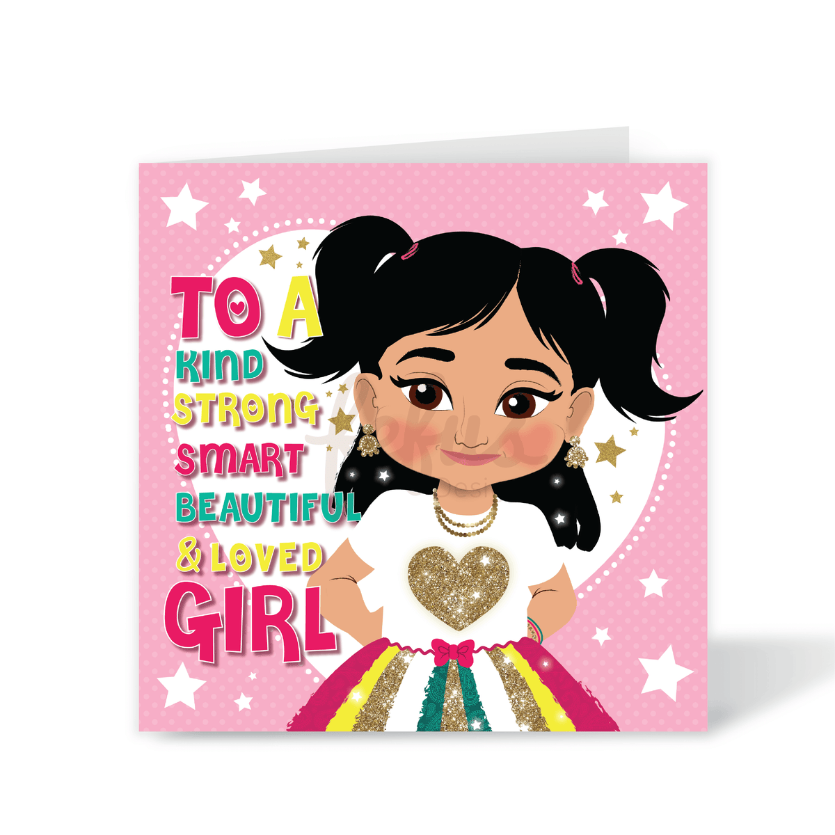A magical square birthday card for girls featuring a hand-drawn illustration of a joyful South Asian girl surrounded by stars and sparkles, part of the Heritage Hero Collection by Fefus Designs.