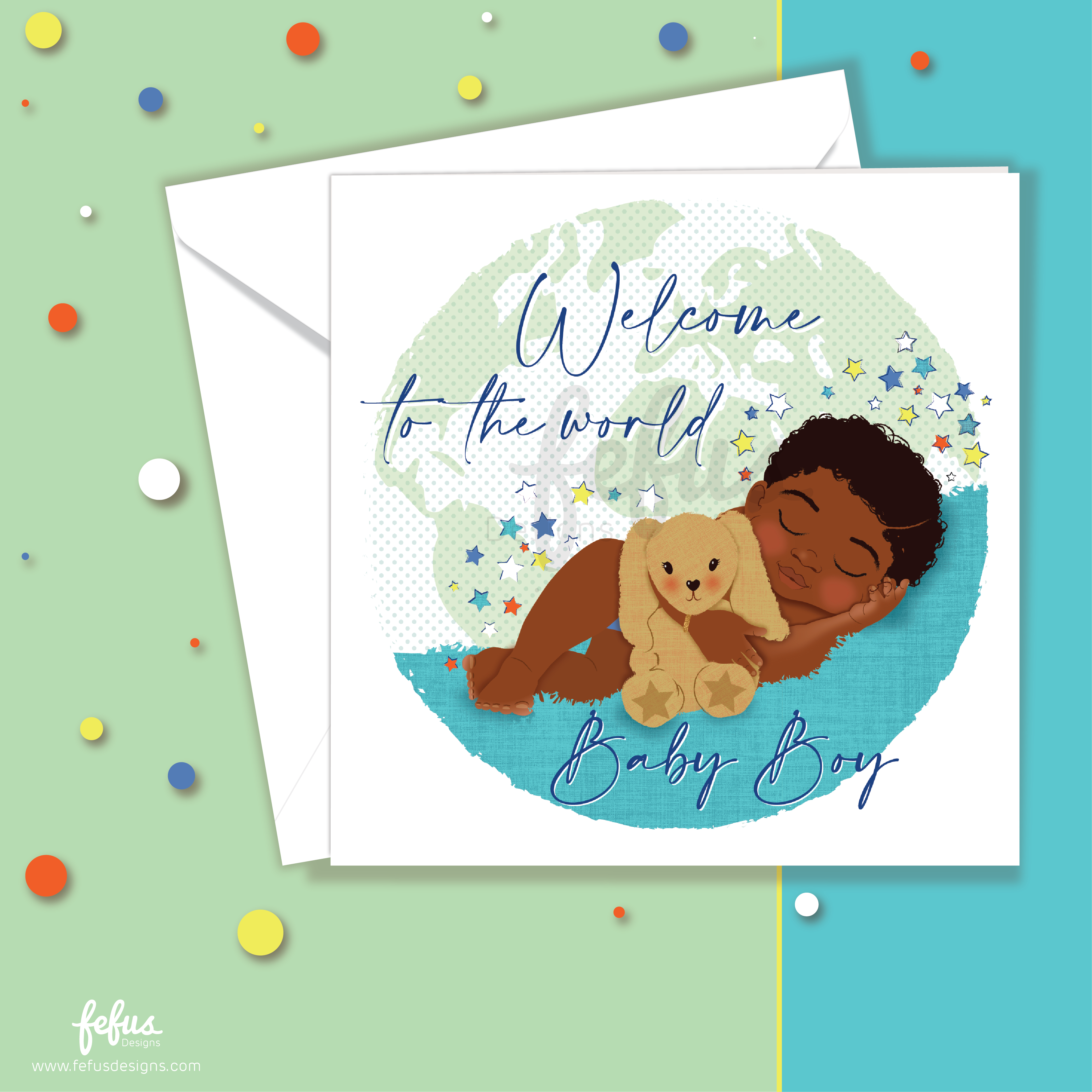 New baby boy card featuring Black and Brown baby illustration. Newborn baby boy card with teddy bear on a colorful background