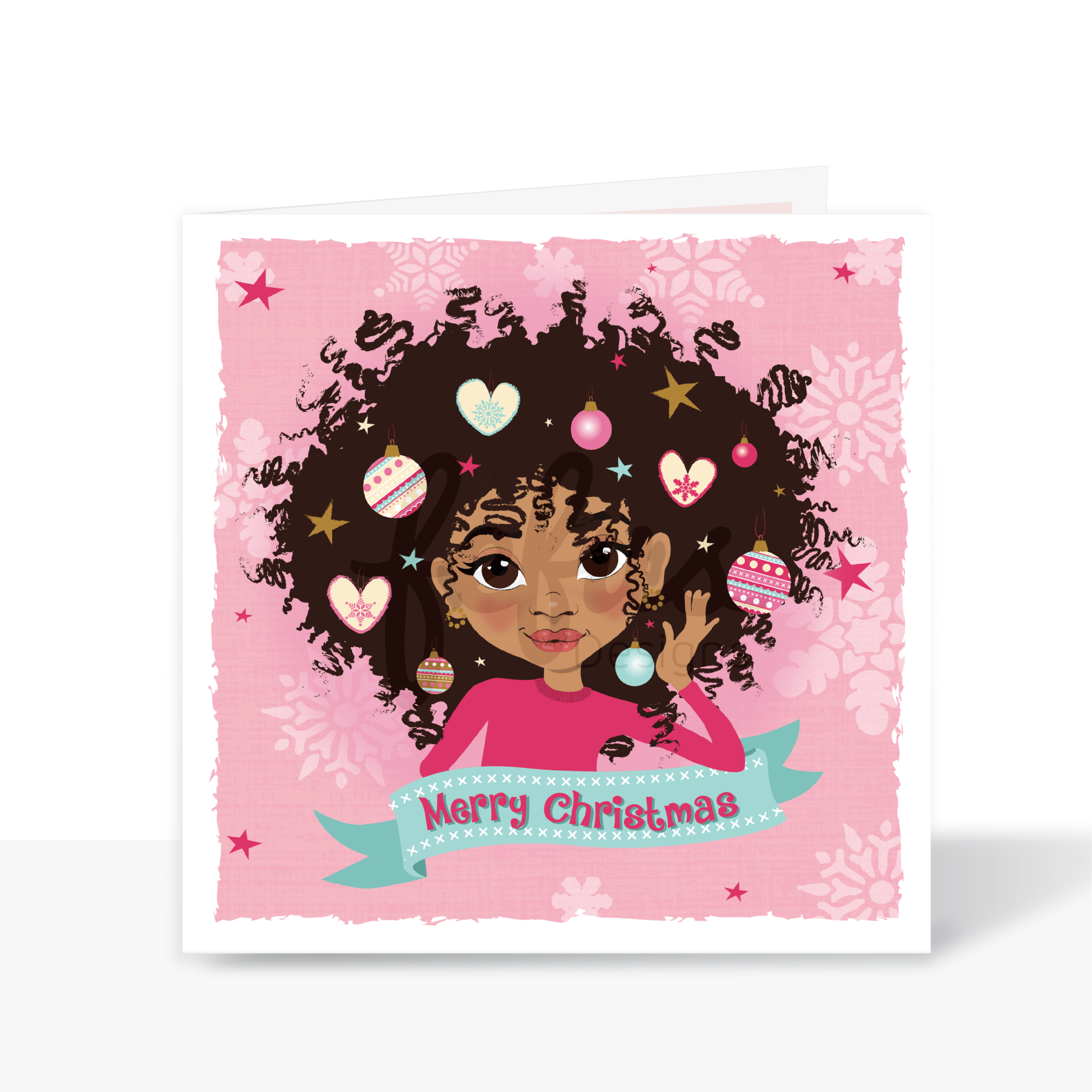 Merry Christmas Brown Afro Princess Card | Diverse Kids Holiday Greeting | Fefus Designs