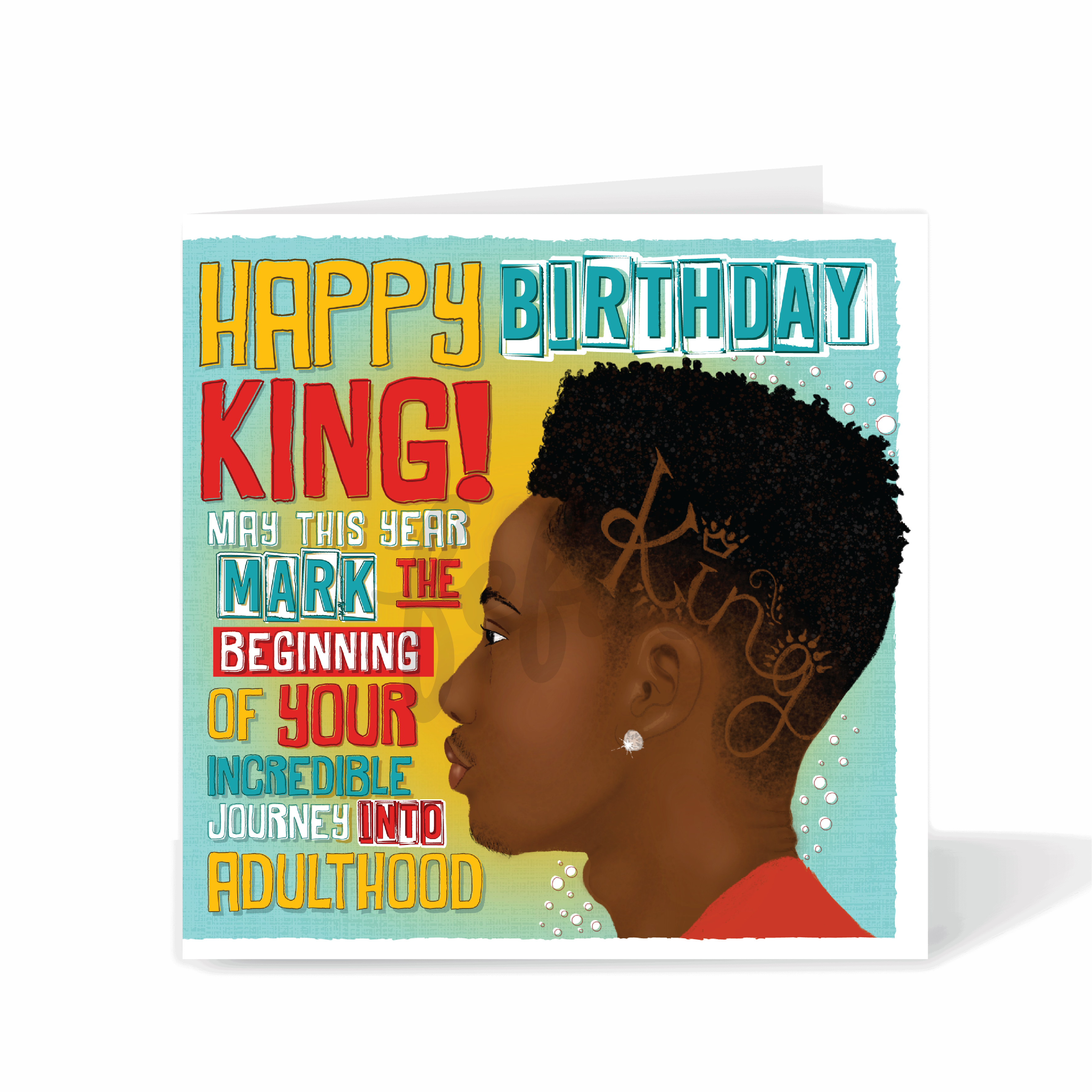 Birthday card with colourful text and a profile of a person on a white background. Celebrate your little king with this Happy Birthday King card that radiates joy, confidence, and representation 👑✨

Featuring a black / brown boy character with natural curls and warm tones, this vibrant design by Fefus Designs celebrates the beauty of diversity. Perfect for mixed-heritage boys, sons, nephews, or godsons — it’s more than a card; it’s a message of self-love and empowerment.