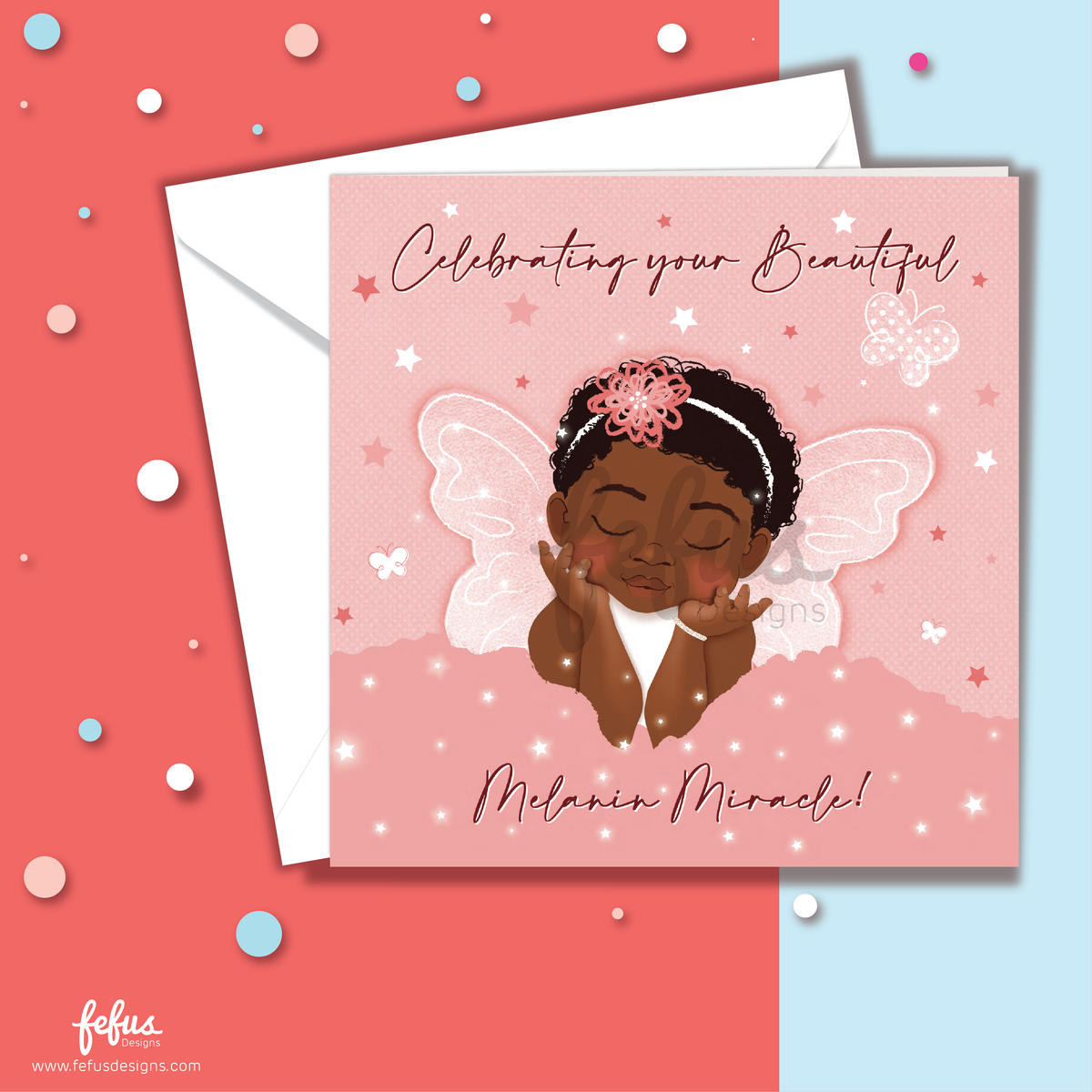 A baby shower card and envelope set. The card features a pink background with a cartoon illustration of a Black baby angel with wings, stars, and the text 'Celebrating your Beautiful Melanin Miracle!'.