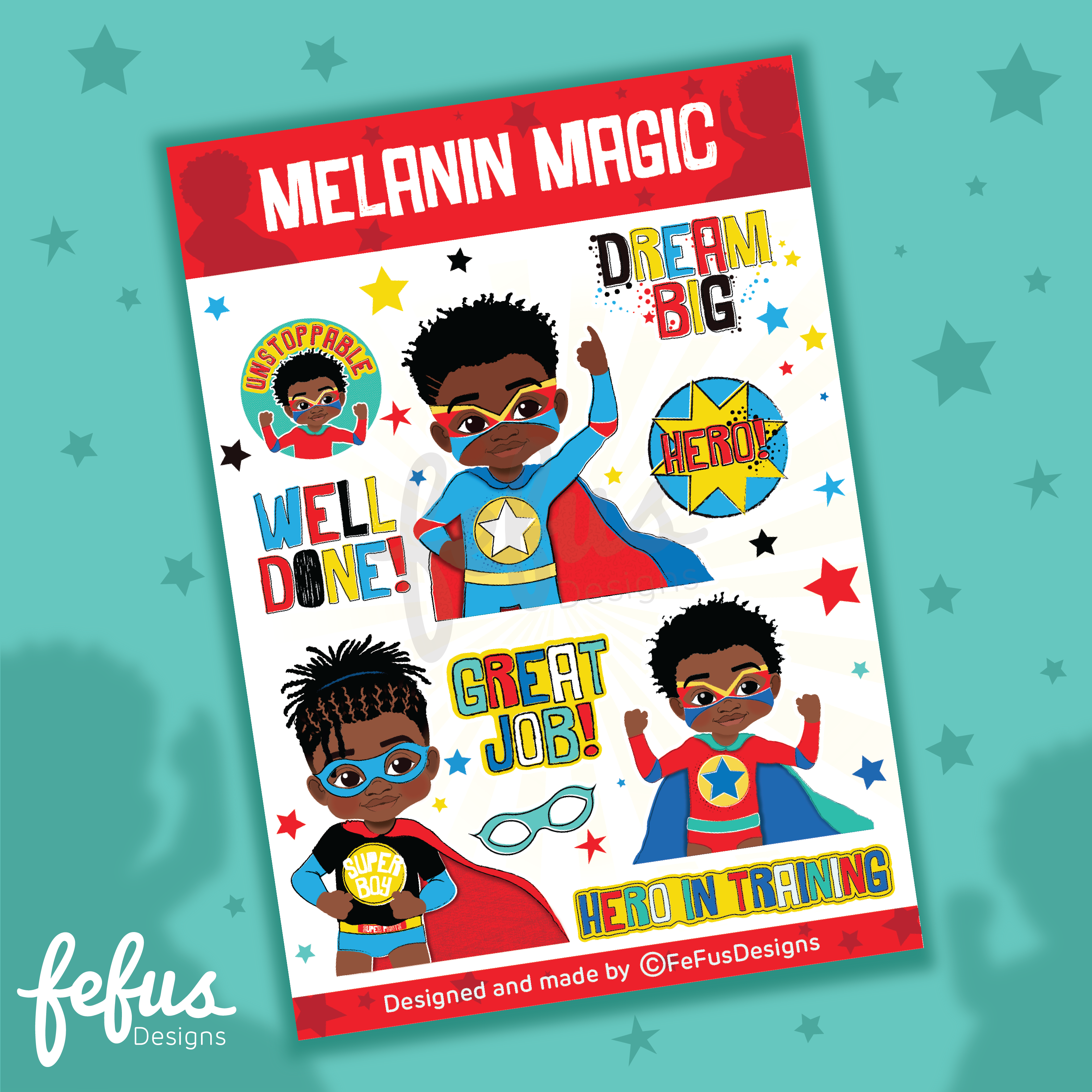 Melanin Magic Black Superhero Die-Cut Sticker Sheet | Fefus Designs