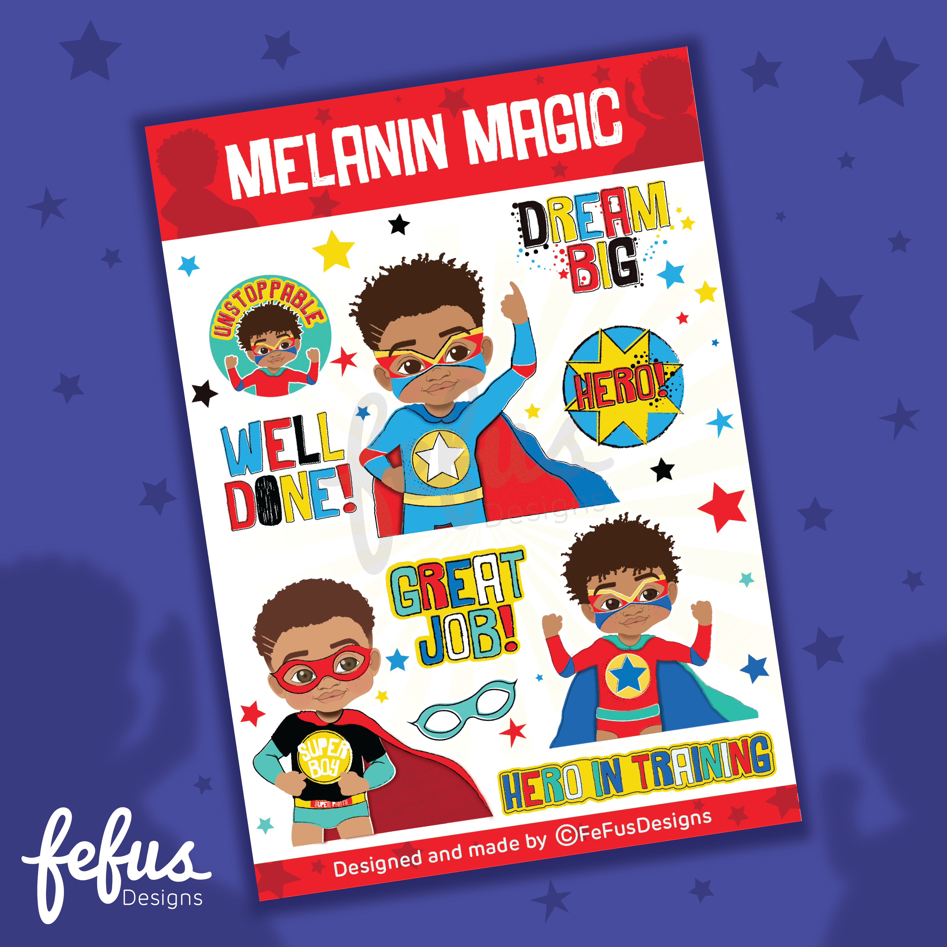 Melanin Magic Brown Superhero Die-Cut Sticker Sheet | Fefus Designs