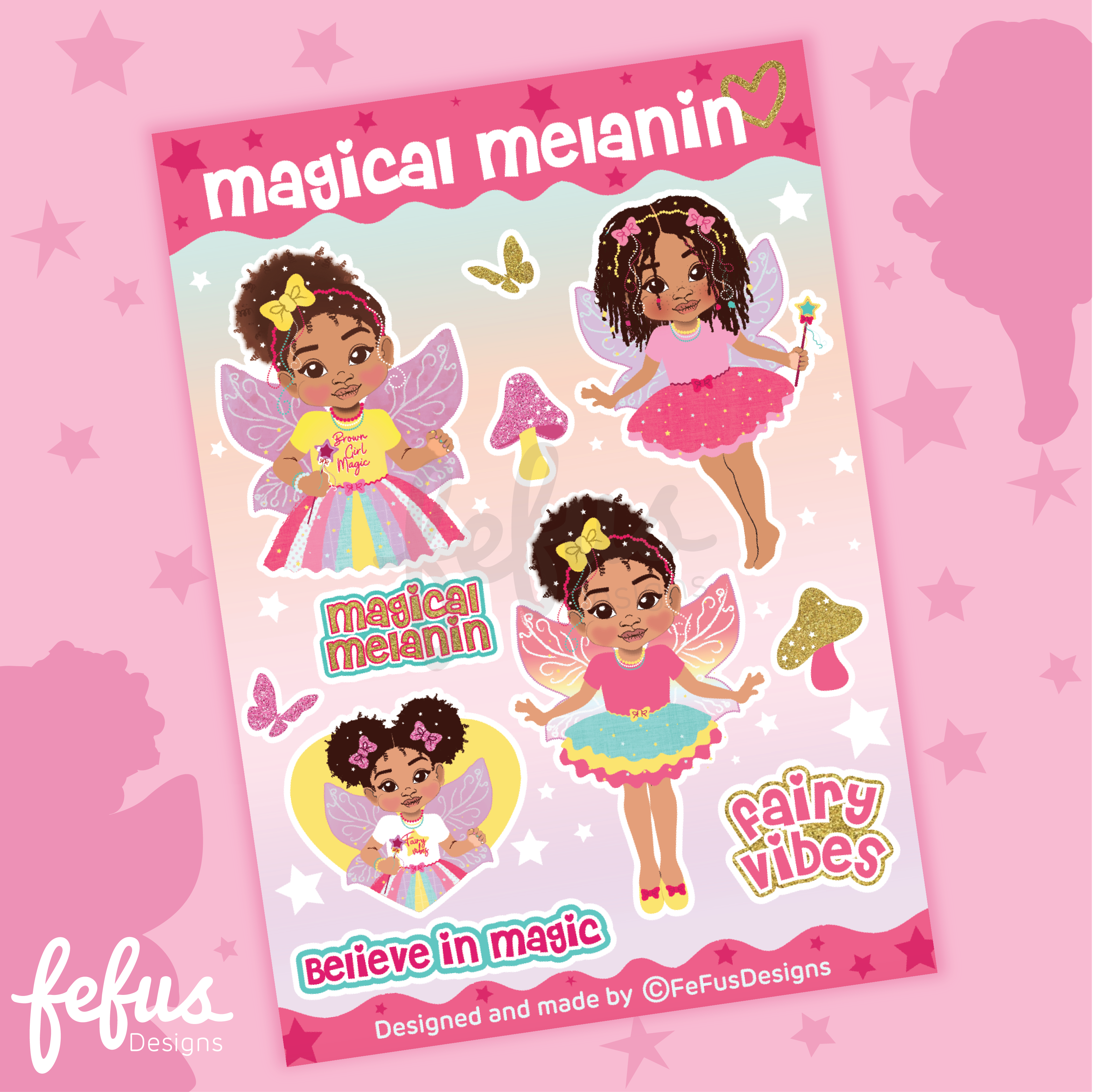 Melanin Magic Biracial/Mixed Race Fairy - Die Cut Sticker Sheet | Fefus Designs
