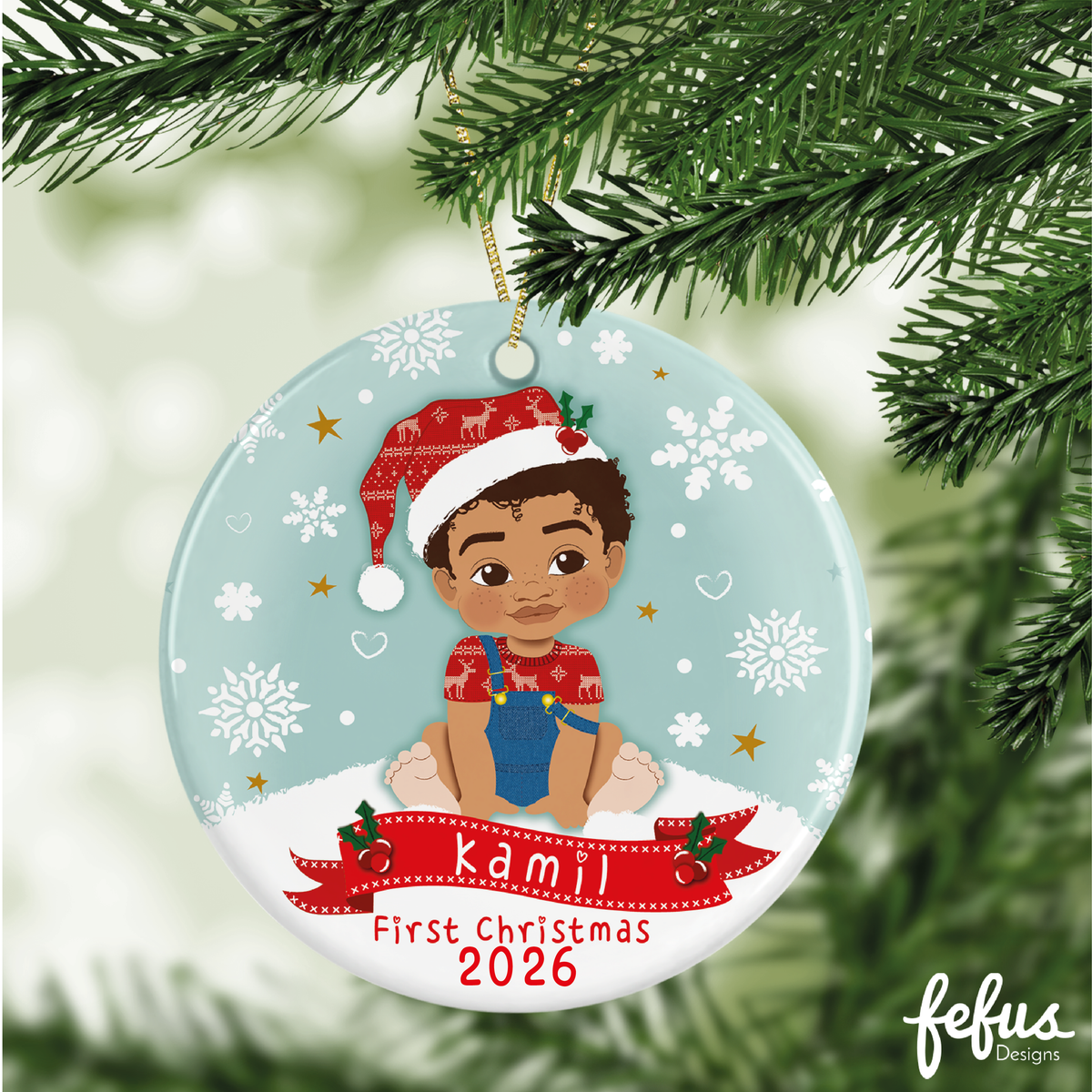 Additional product photo of the personalised mixed-heritage baby boy Christmas bauble by Fefus Designs.