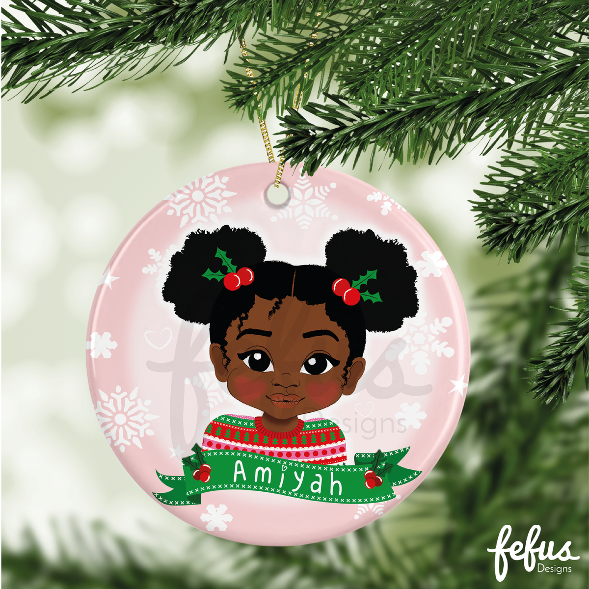 Further product photo of the personalised Black girl Christmas bauble by Fefus Designs.