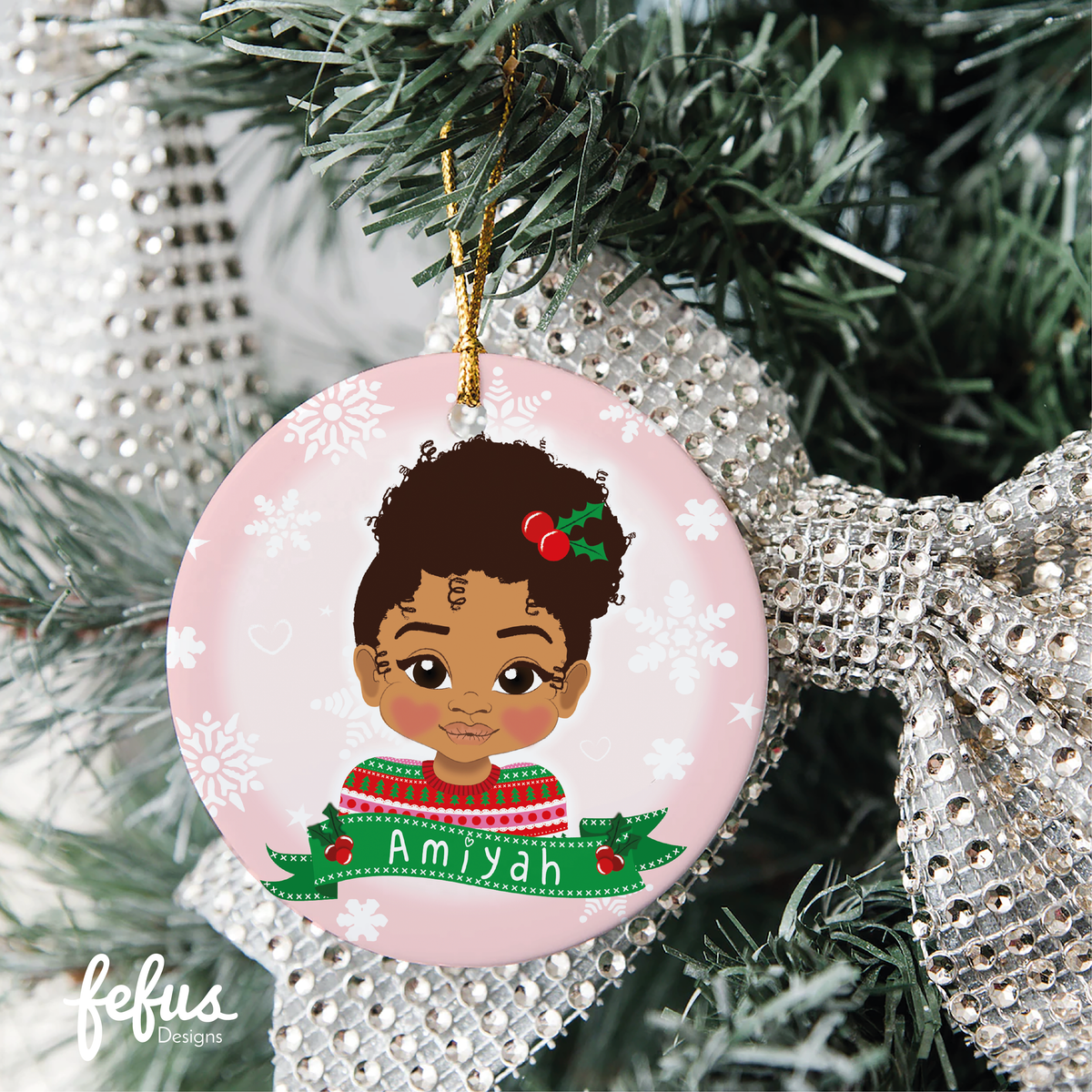 Personalised brown girl Christmas bauble by Fefus Designs, designed as a keepsake for the Christmas tree.