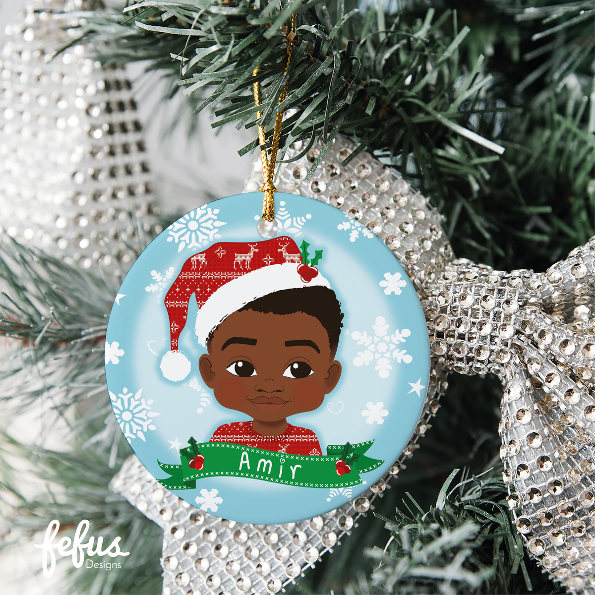 Additional product photo of the personalised Black boy Christmas bauble by Fefus Designs.