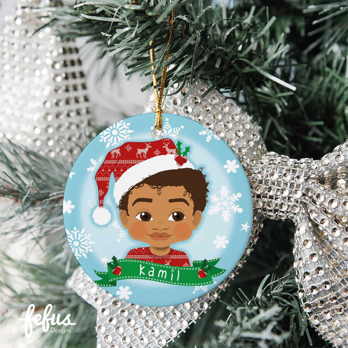 Another product view of the personalised brown boy Christmas bauble by Fefus Designs.
