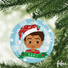Personalised brown boy Christmas bauble by Fefus Designs, designed as a keepsake for the Christmas tree.