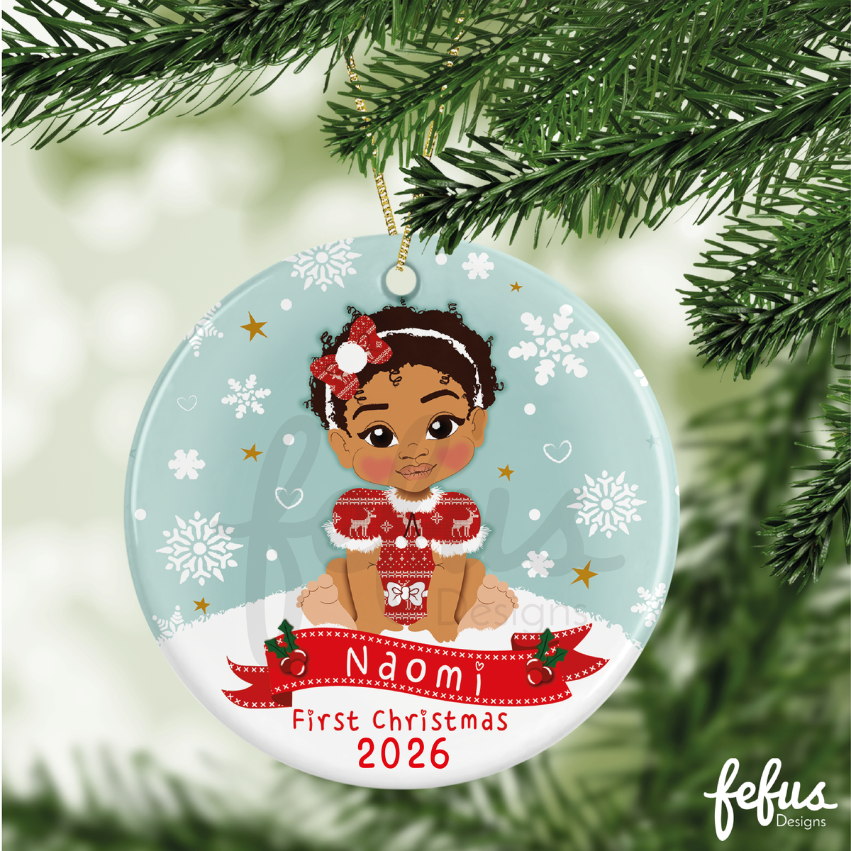 Additional product photo of the personalised brown baby girl Christmas bauble by Fefus Designs.