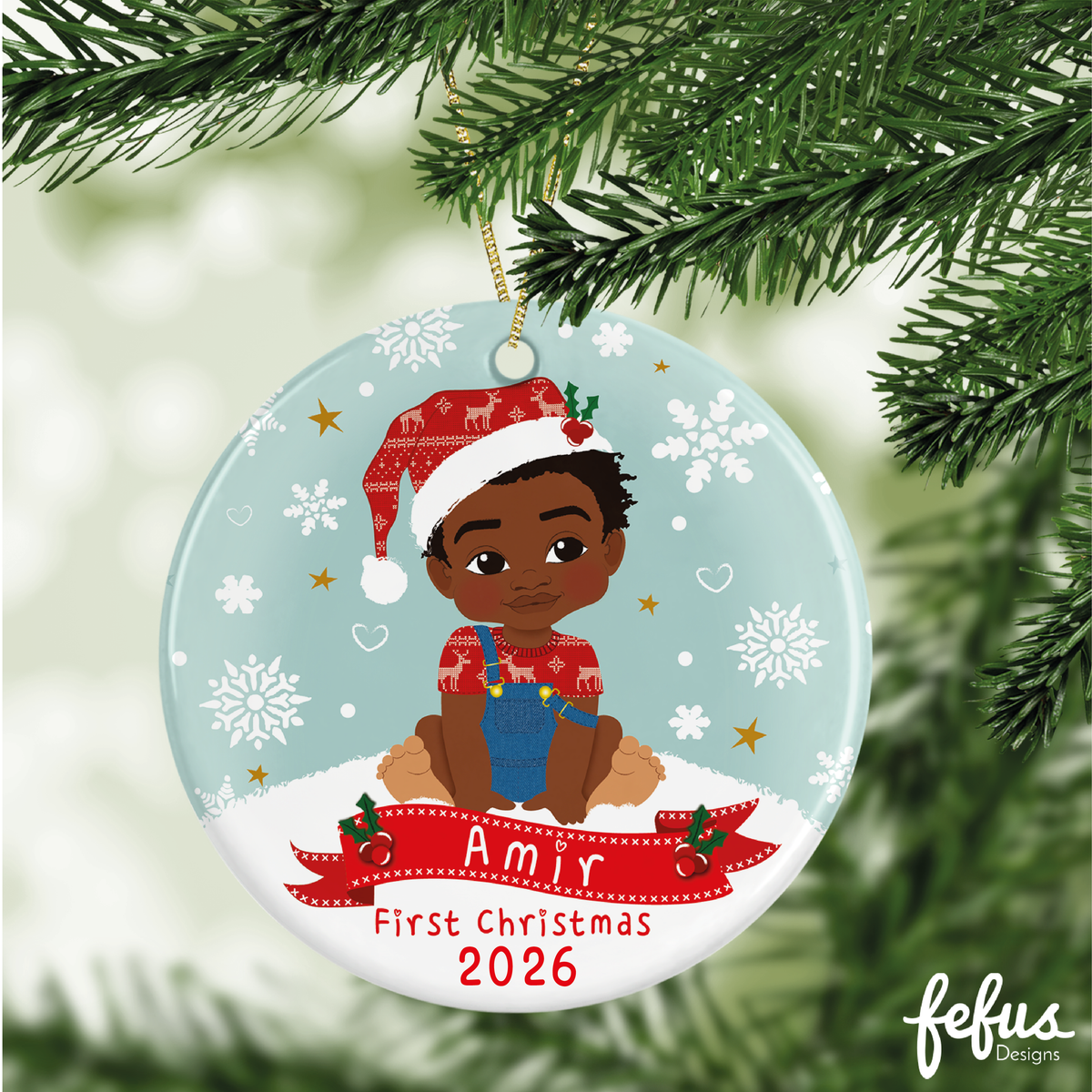 Additional product photo of the personalised Black baby boy Christmas bauble by Fefus Designs.
