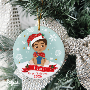Personalised mixed-heritage baby boy Christmas bauble by Fefus Designs, designed as a keepsake for the Christmas tree.