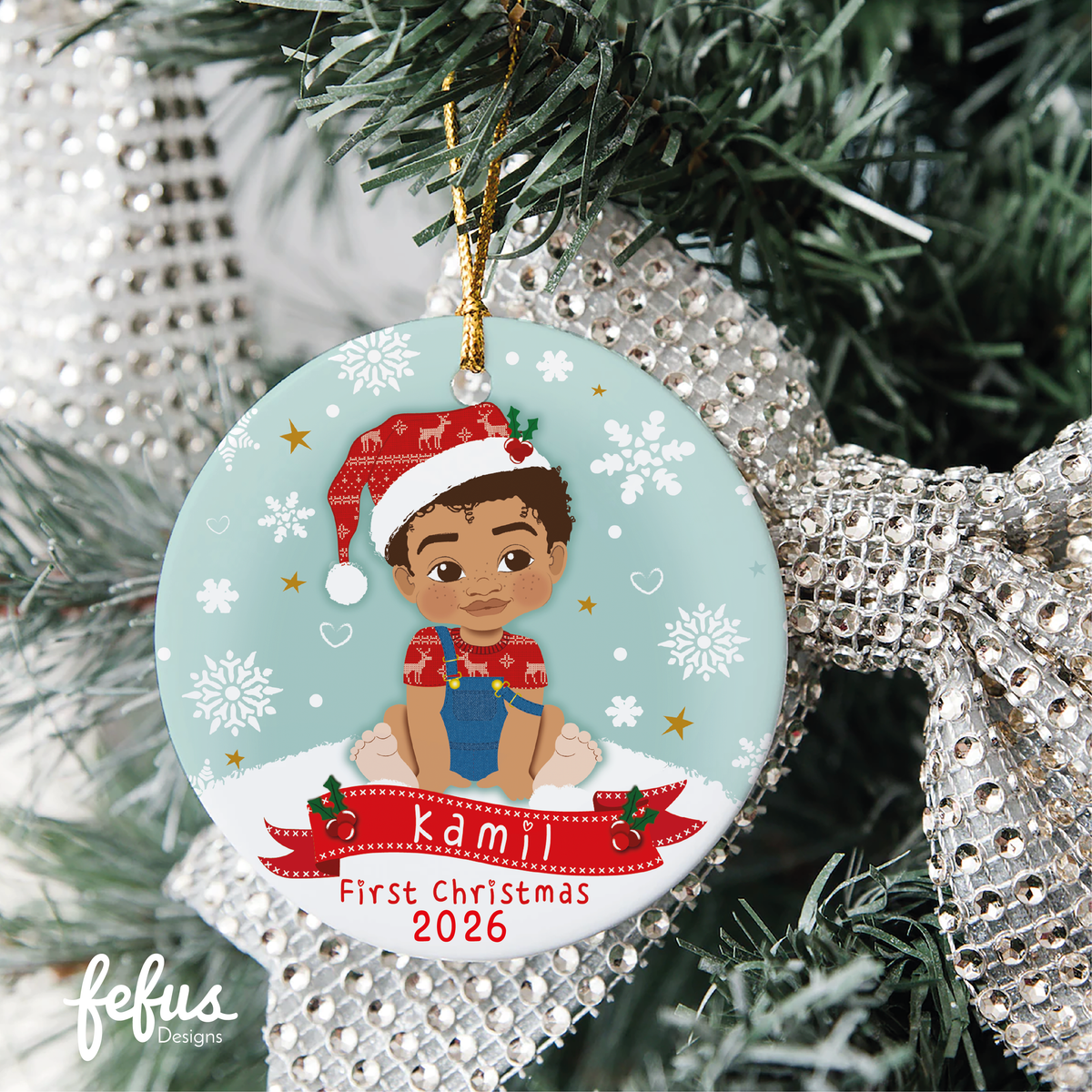 Personalised mixed-heritage baby boy Christmas bauble by Fefus Designs, designed as a keepsake for the Christmas tree.
