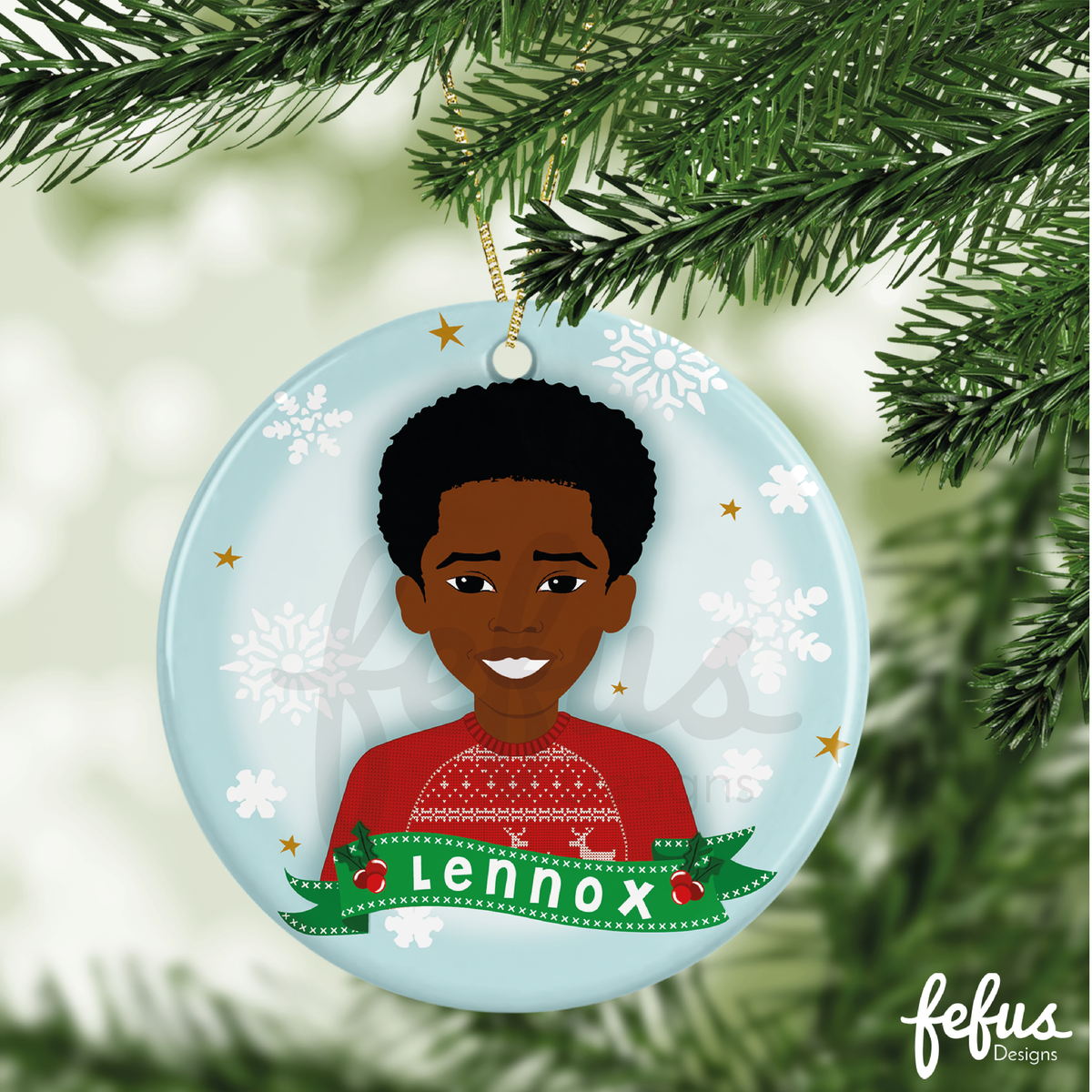 Additional product photo of the personalised Black boys Christmas bauble by Fefus Designs.