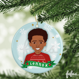 Personalised brown boy Christmas bauble by Fefus Designs.