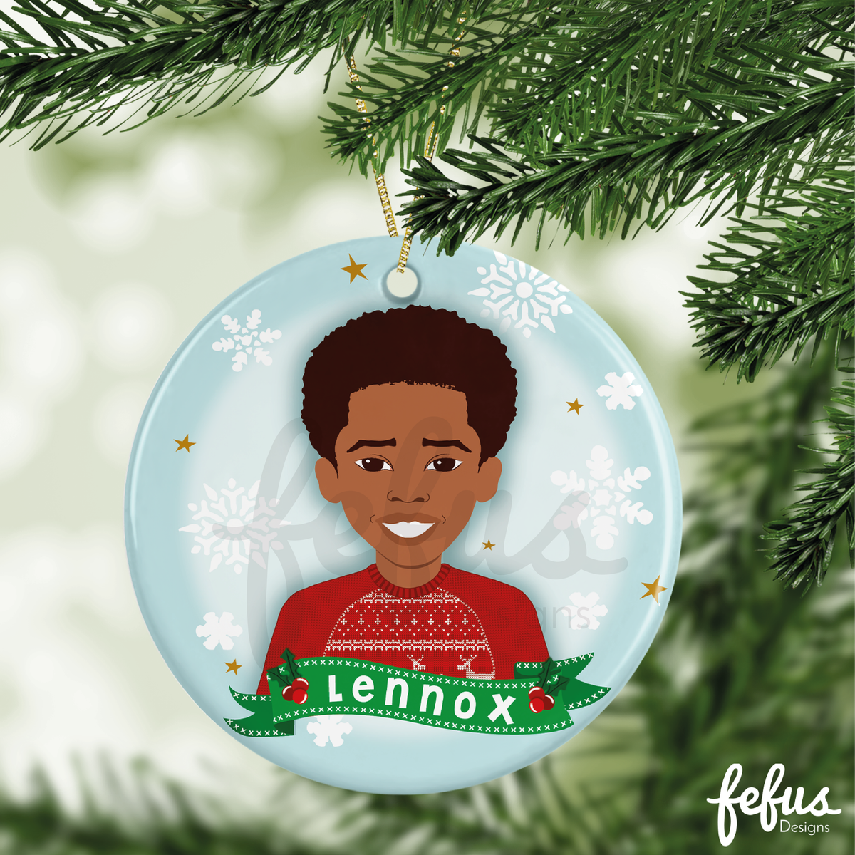 Personalised brown boy Christmas bauble by Fefus Designs.
